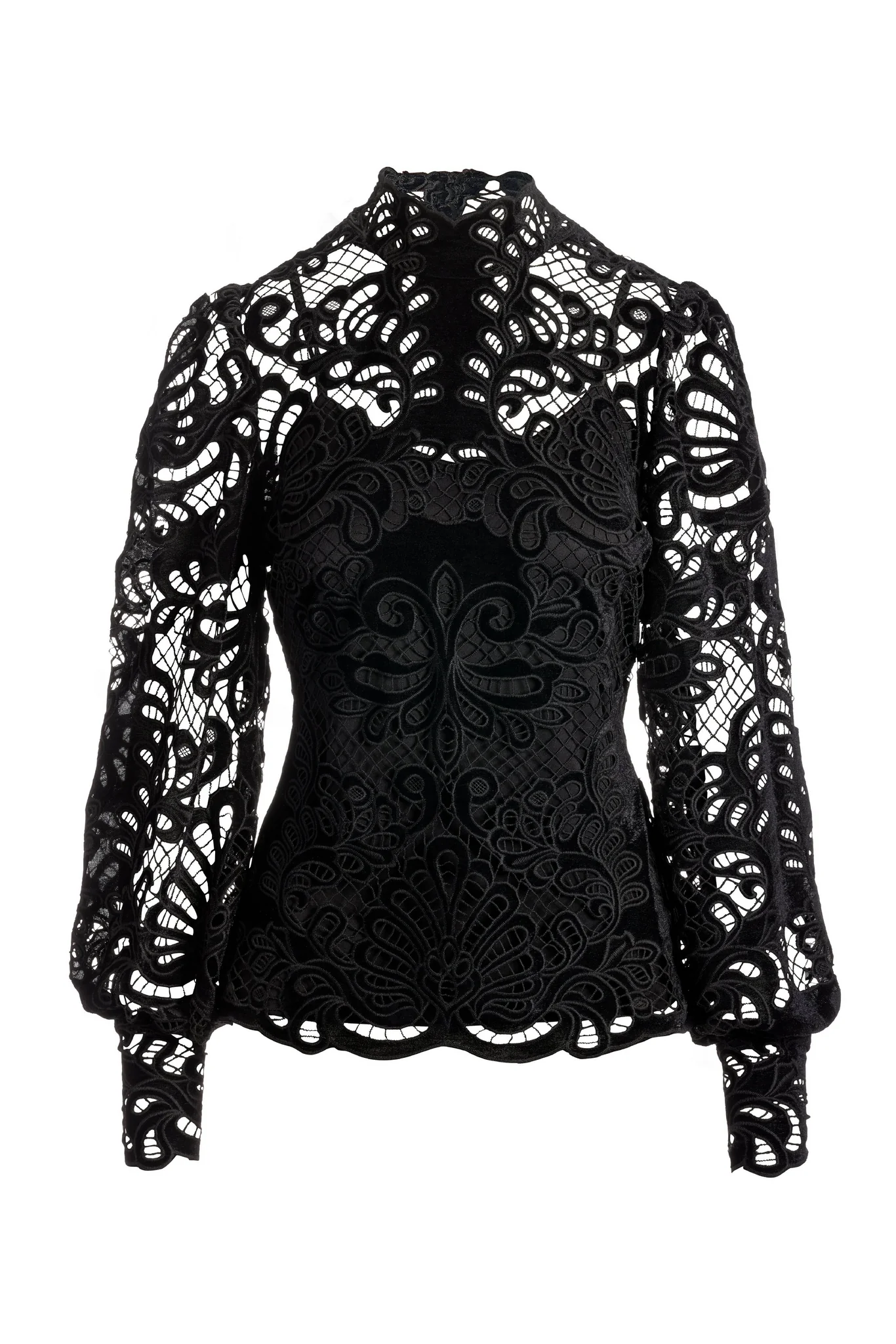 Velvet Lace Mock-Neck Long-Sleeve Blouse Black
