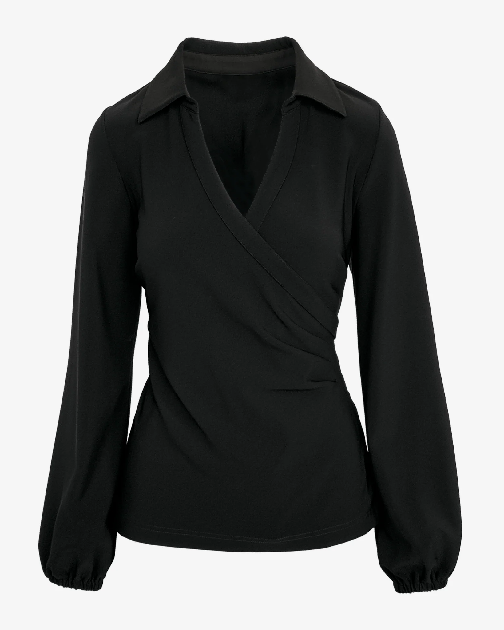 Beyond Travel Long-Sleeve Collared Wrap Top Jet Black