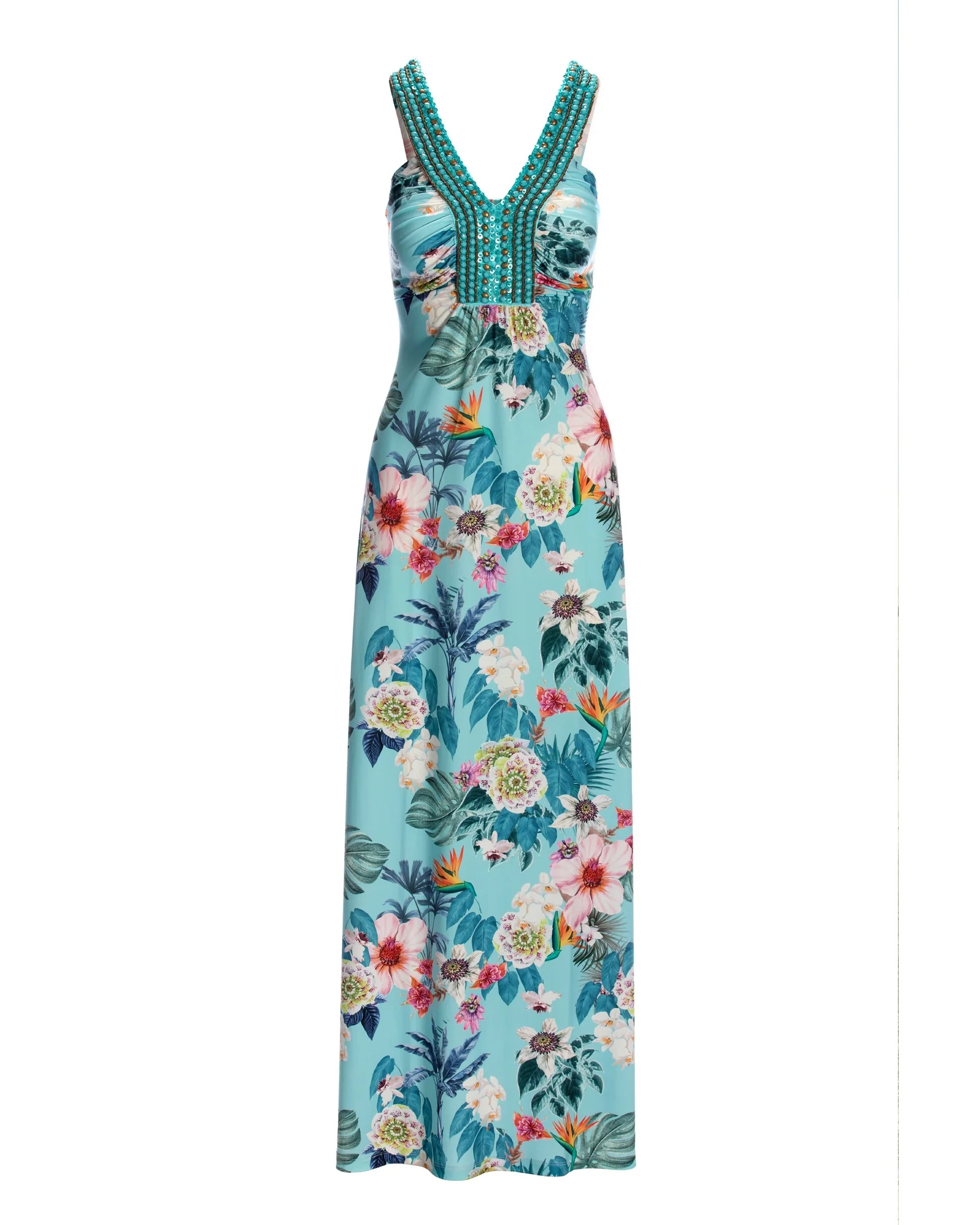 Barcelona Florals Print Embellished Knit Maxi Dress Aqua