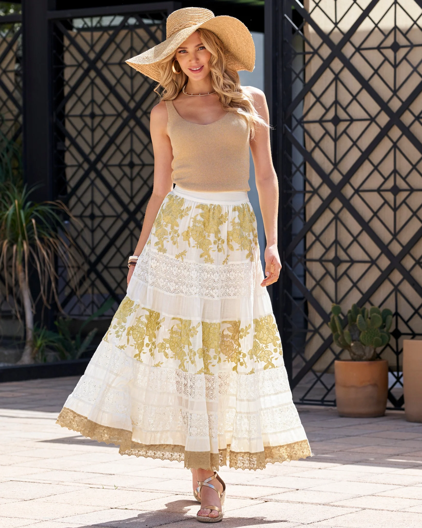 Tiered Gold Lace Maxi Skirt White/Gold