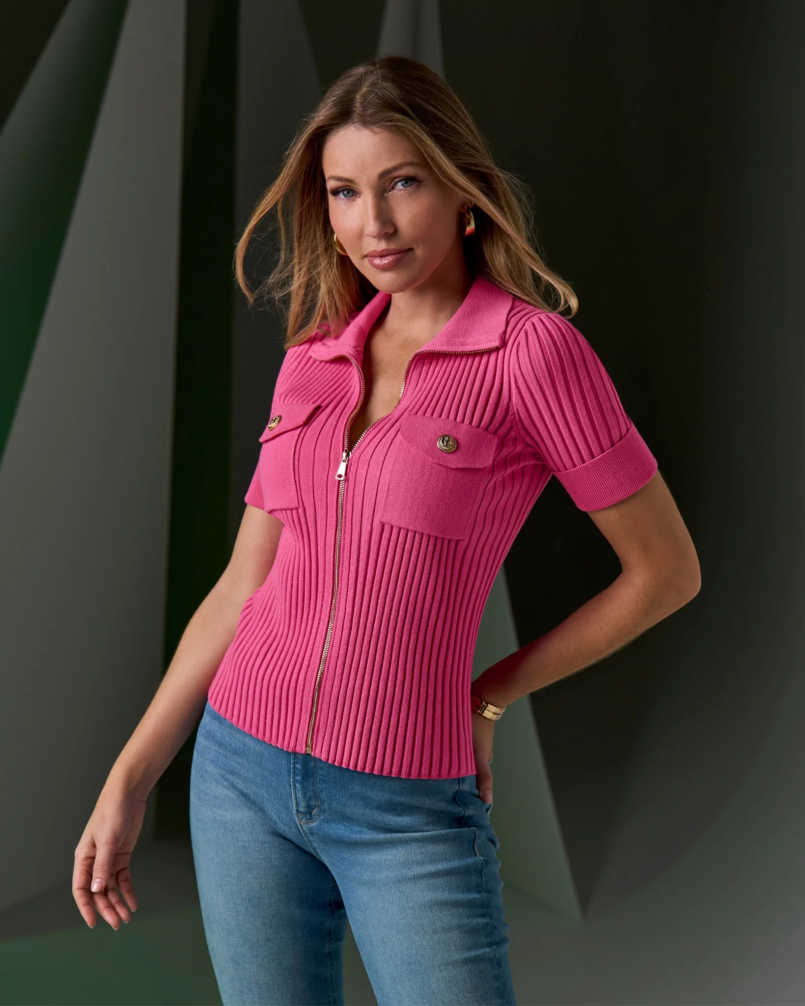 Wide Rib Zip Up Sweater Top Shocking Pink