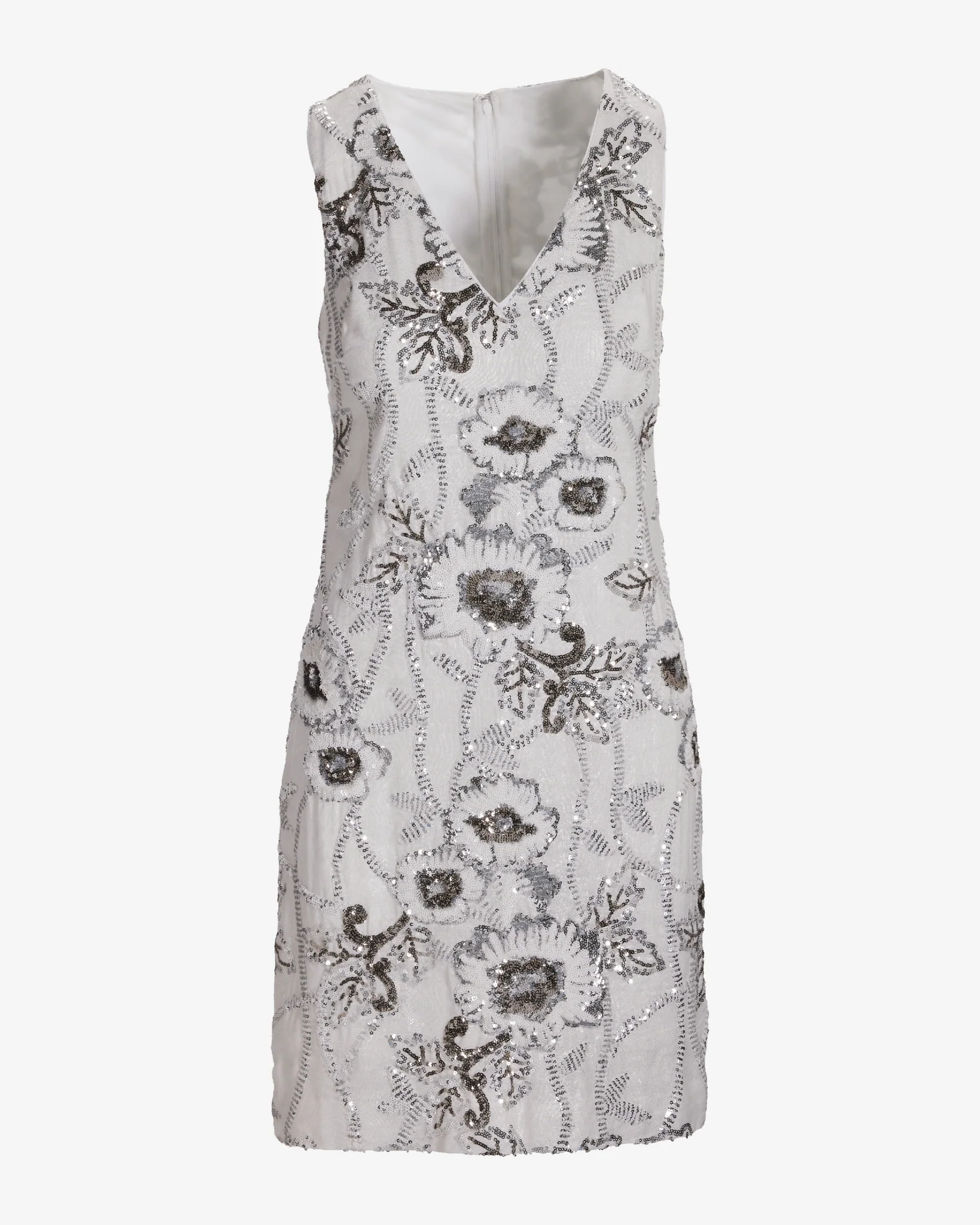 V Neck Sequin Embellished Shimmer Linen Sheath Dress White Silver