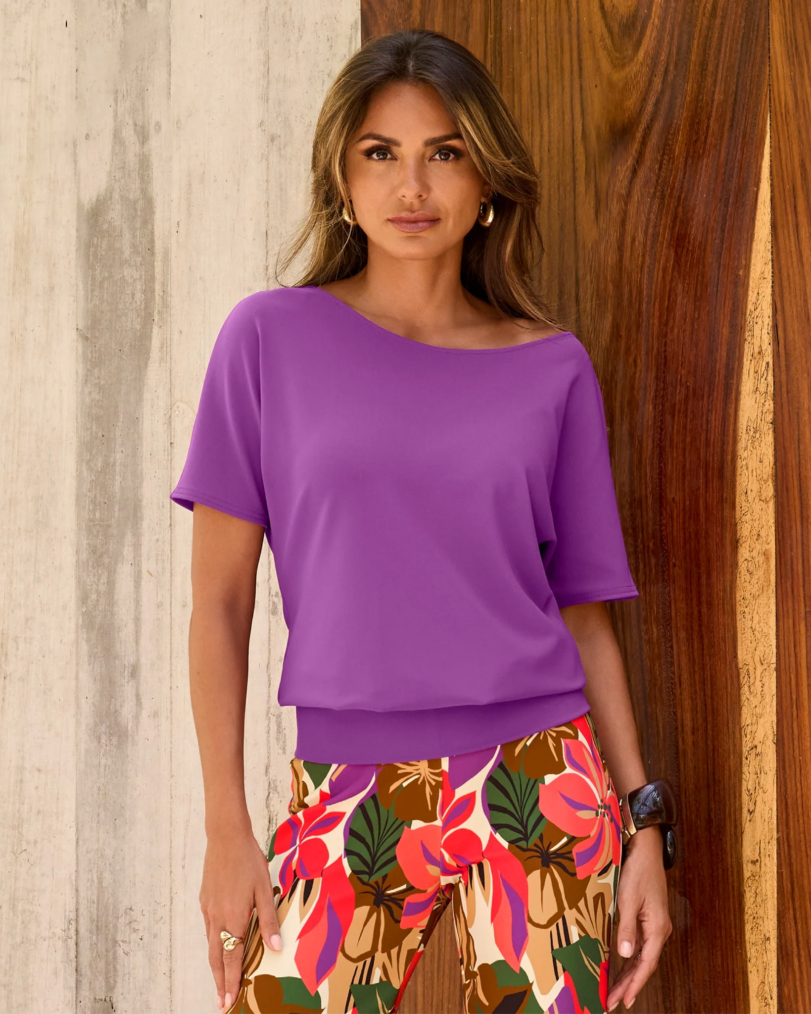 Beyond Travel Short Sleeve Slouchy Top Purple Magic