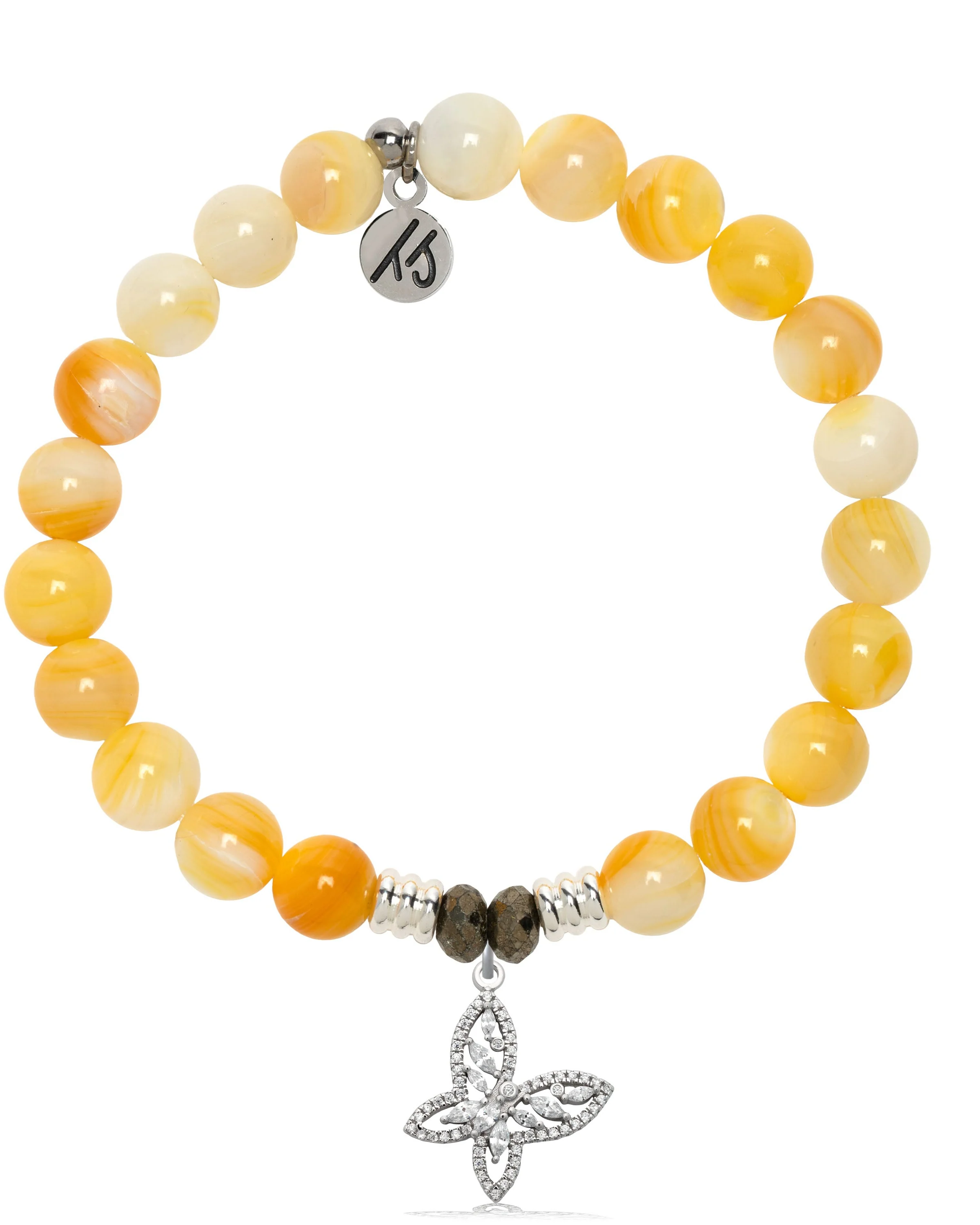 Yellow Shell Gemstone Bracelet with Butterfly CZ Sterling Silver Charm