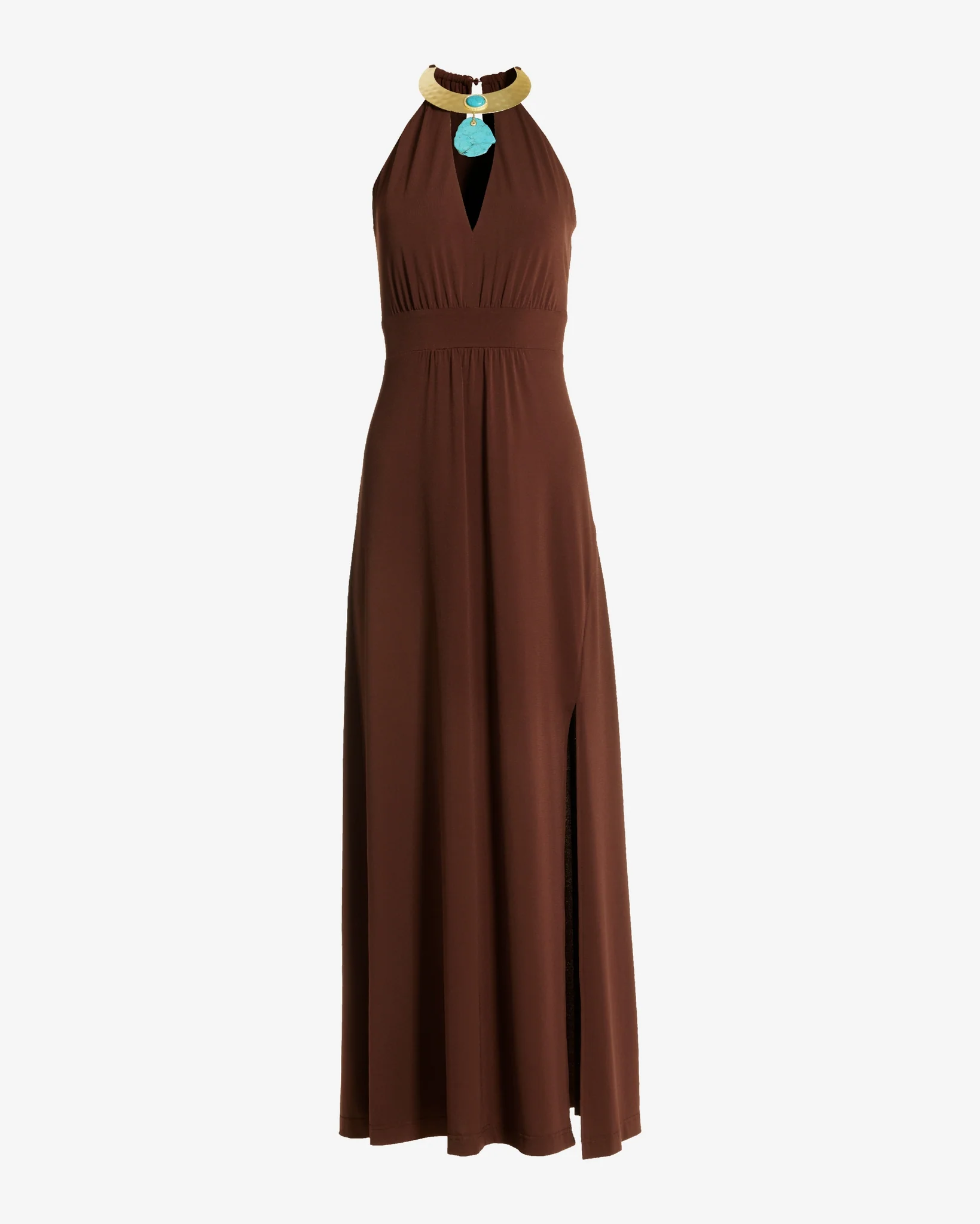 Turquoise Hardware Halter Knit Maxi Boho Dress Chocolate