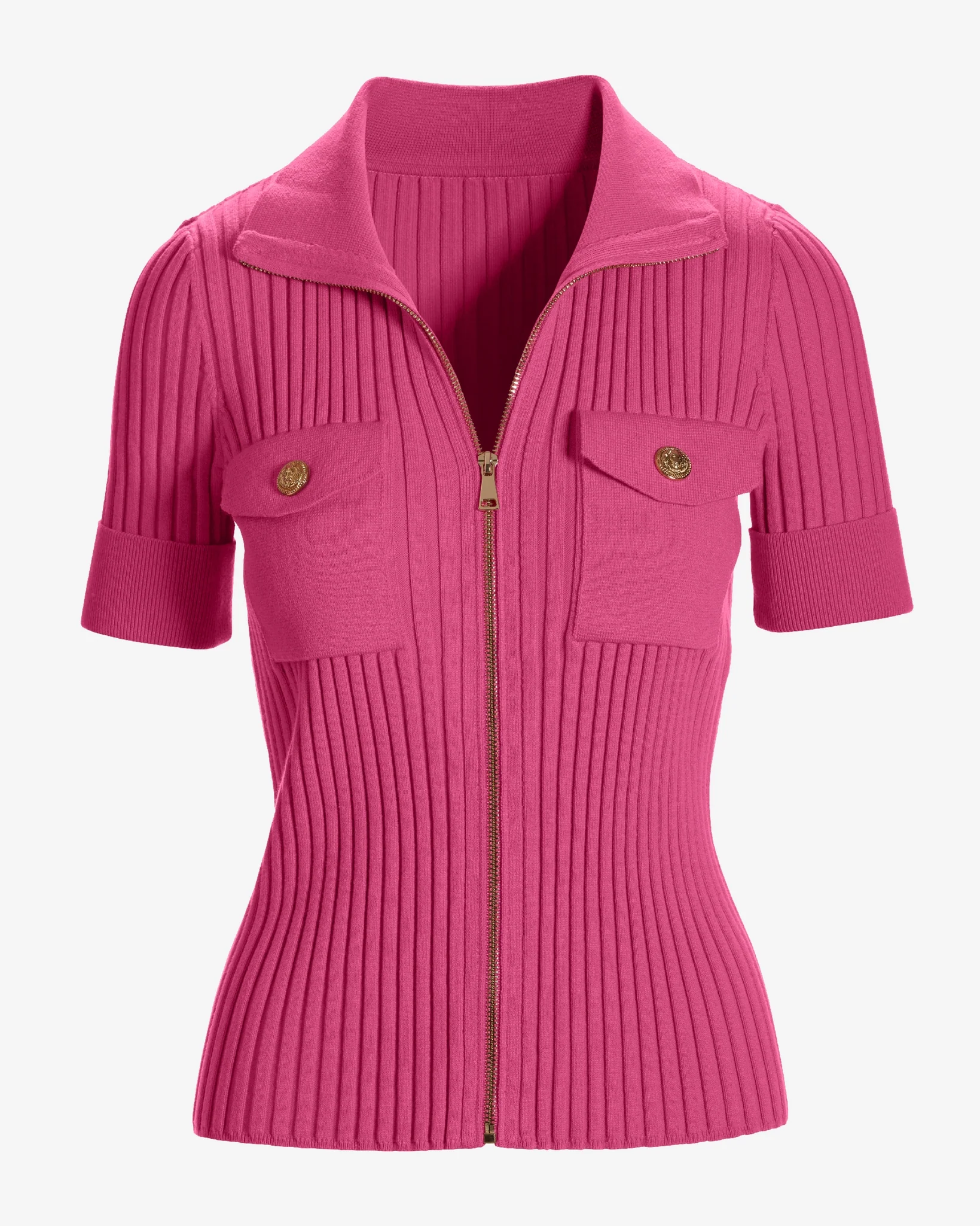 Wide Rib Zip Up Sweater Top Shocking Pink