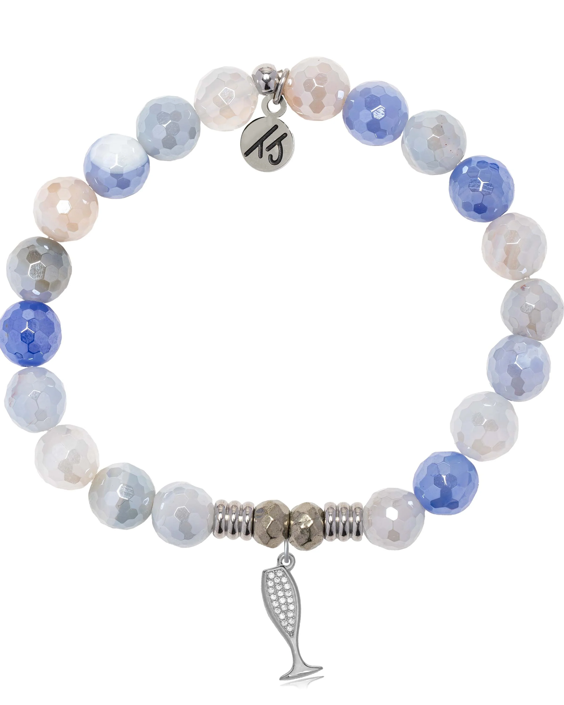 Blue Sparkle Agate Gemstone Bracelet with Cheers Sterling Silver Charm