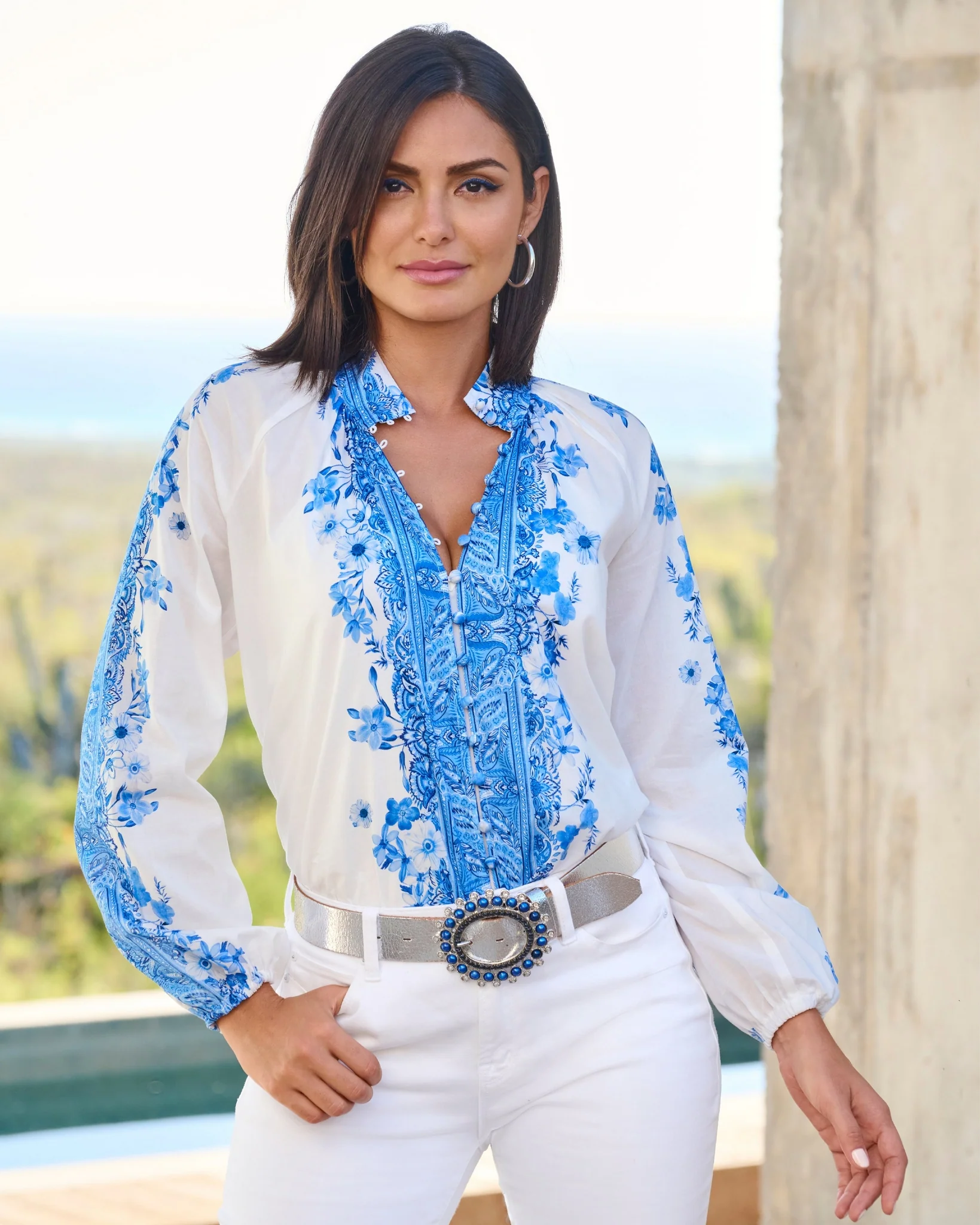 Wildflower Blues Print Balloon-Sleeve Peasant Shirt Blue