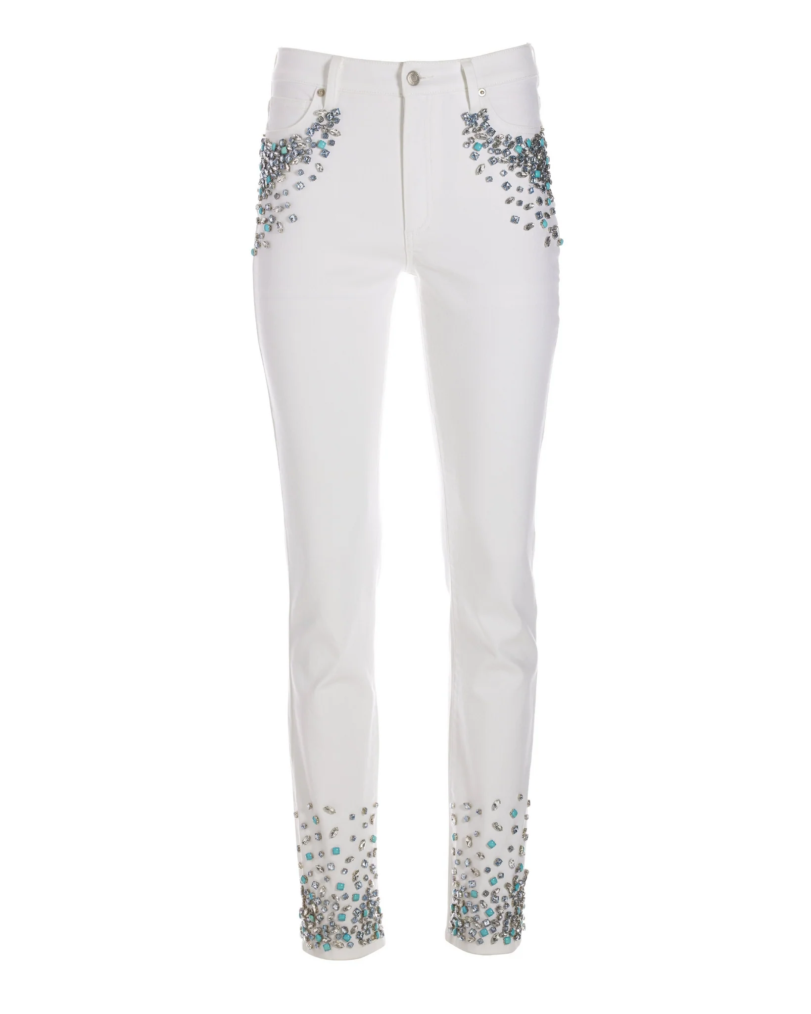 Turquoise And Crystals Embellished Slim Jean White/Turquoise