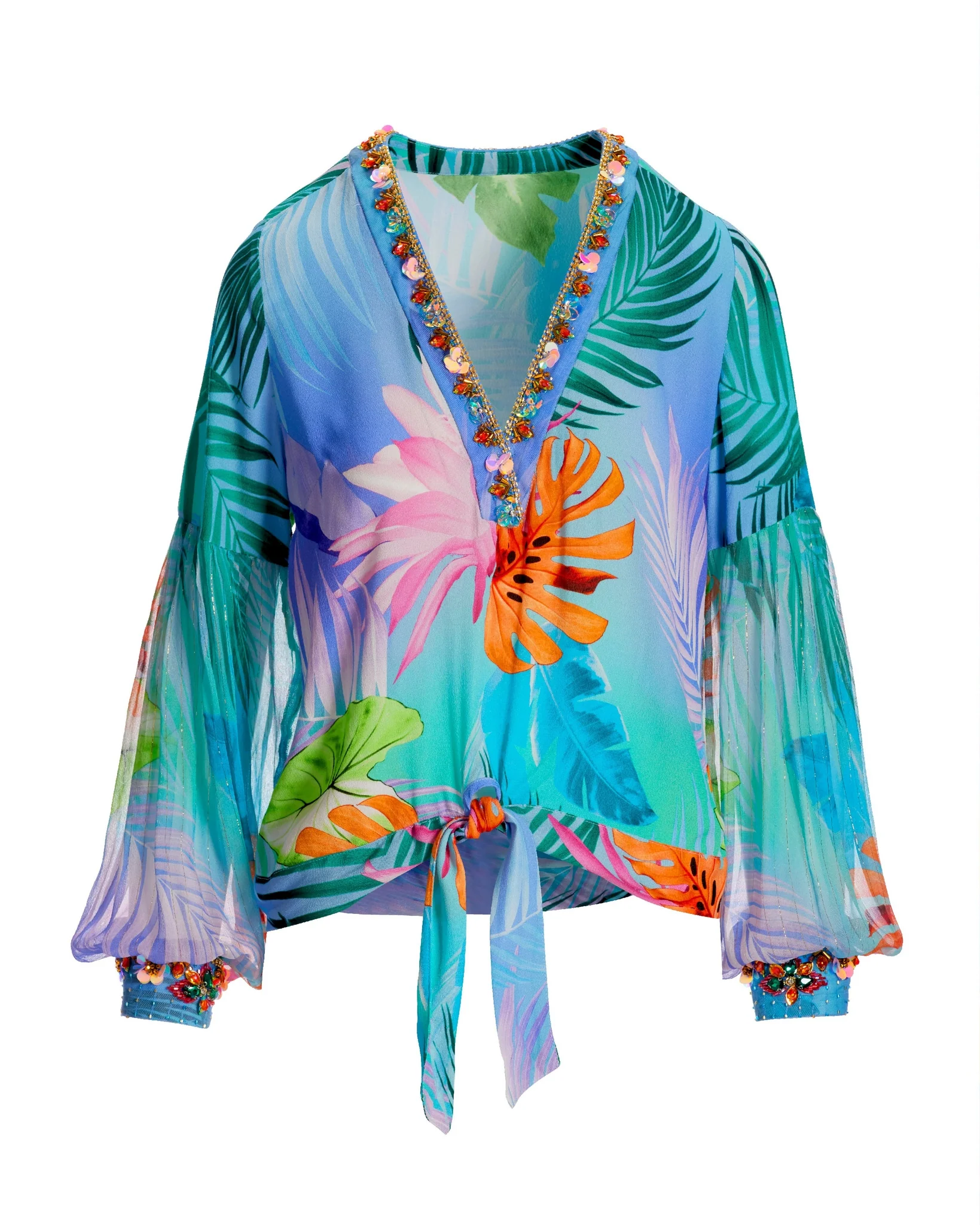 Tropical Summer Print Embellished Tie Front Blouse Blue Multi