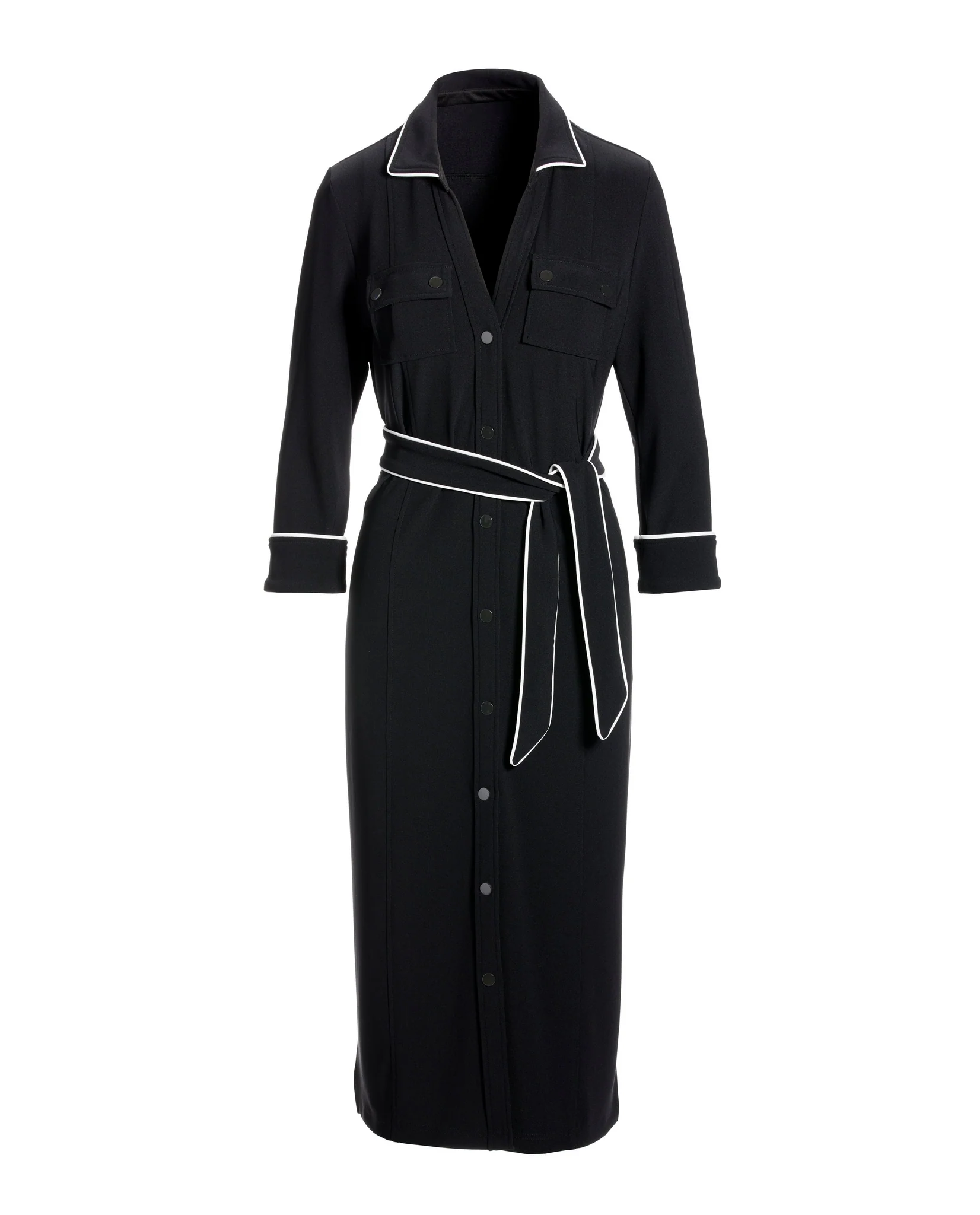 Beyond Travel Piped Button Front Collared Midi Dress Jet Black/Ivory Coast