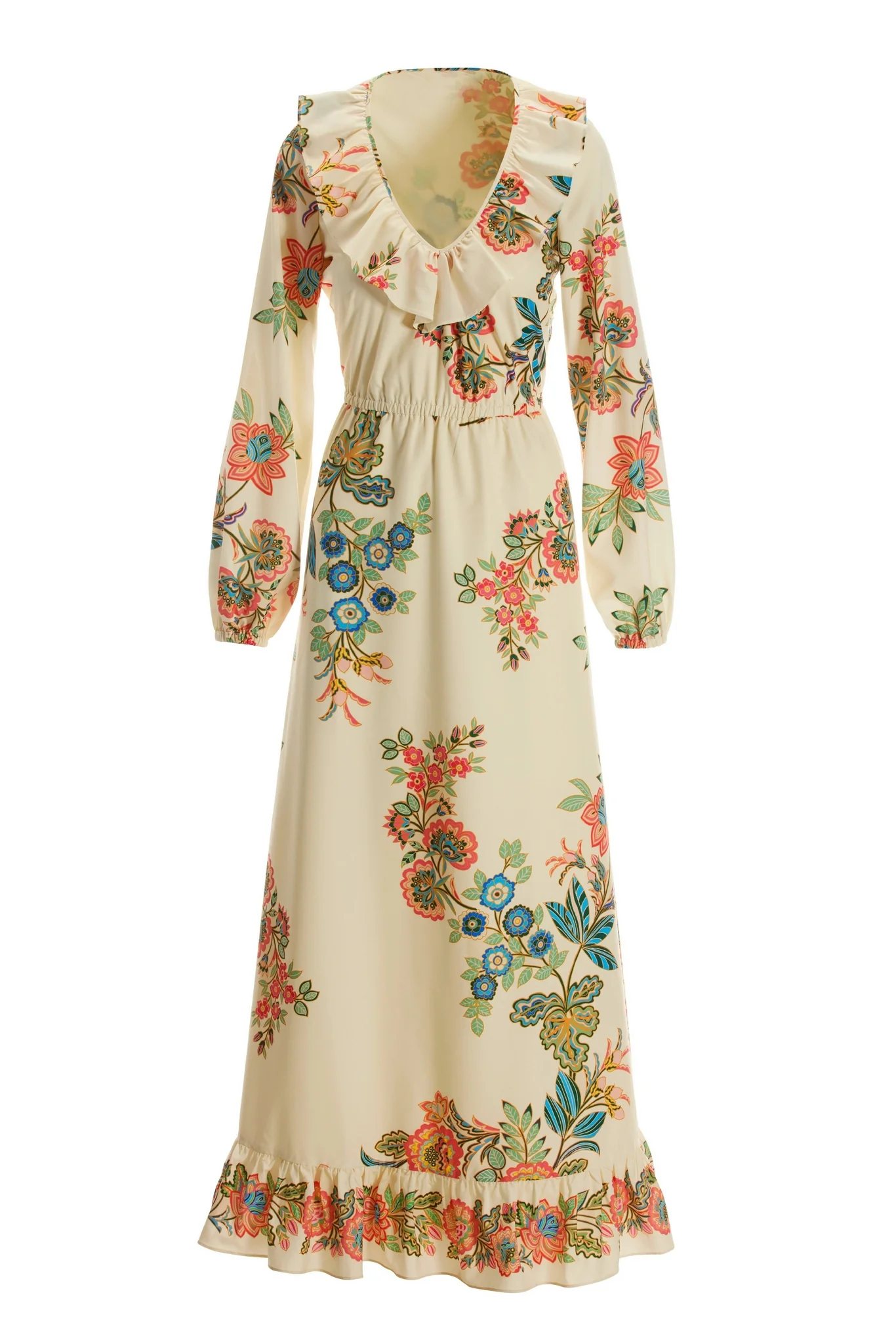 Boho Floral Neckline Ruffle Maxi Dress Multi