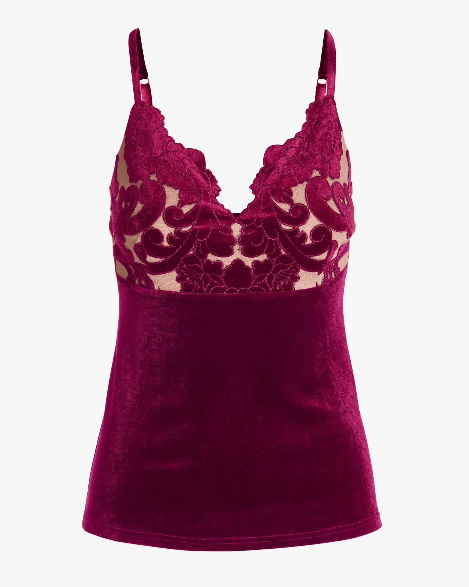 Velvet Scalloped Lace V Neck Cami Top Rumba Red