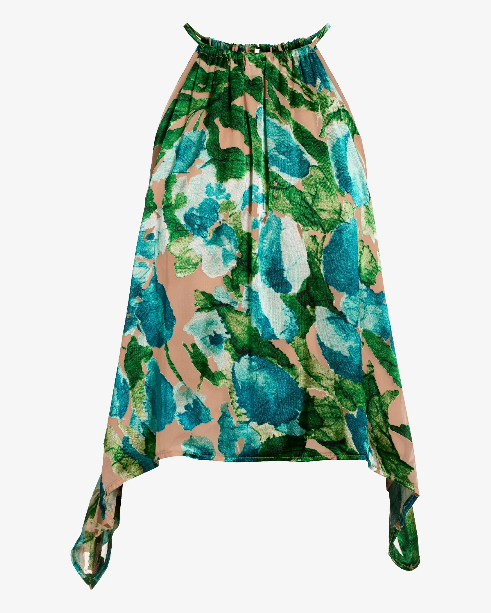 Burnout Print Halter Handkerchief Hem Blouse Blue/Green Multi