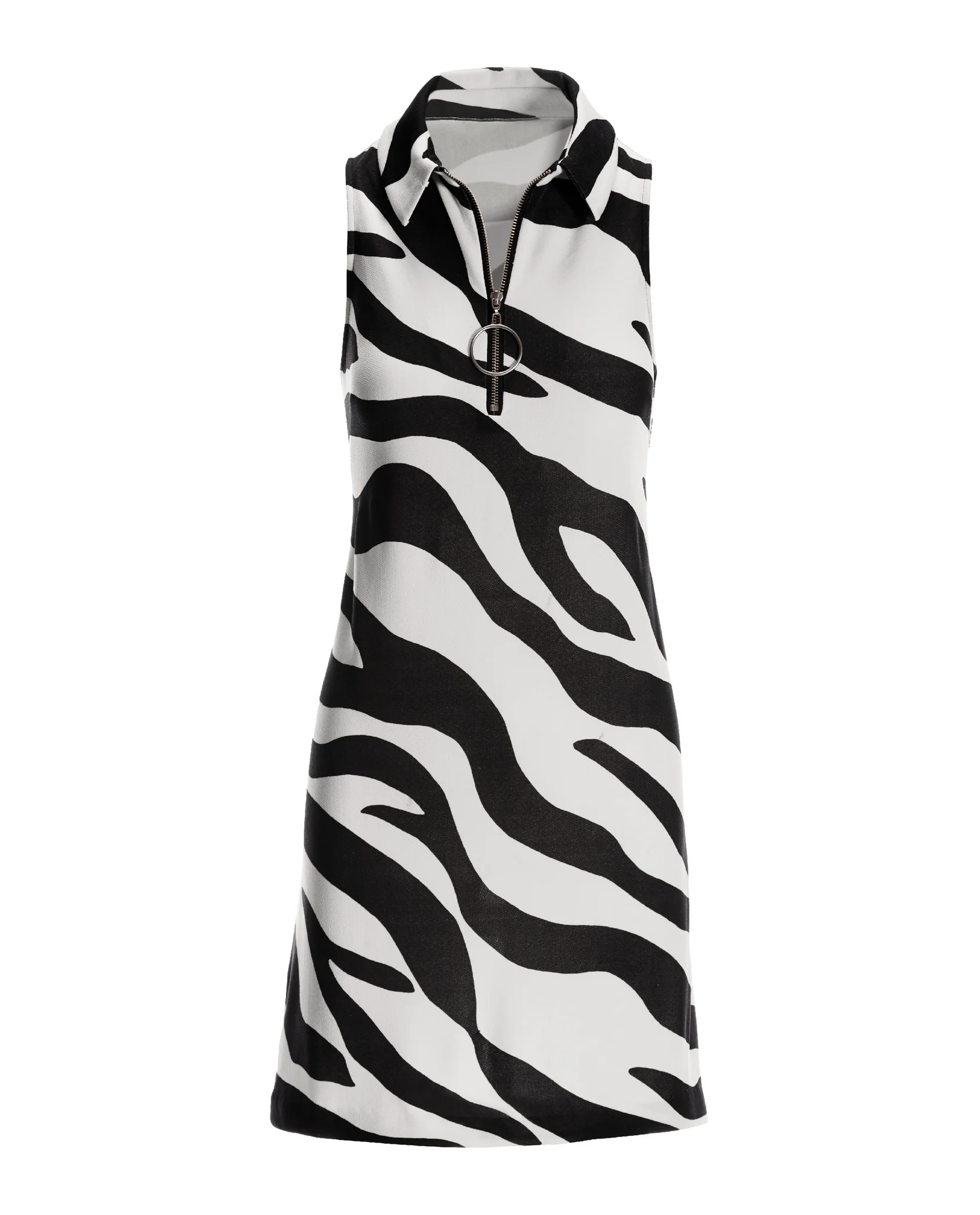 Zebra Print Collared Zip Dress Black/White