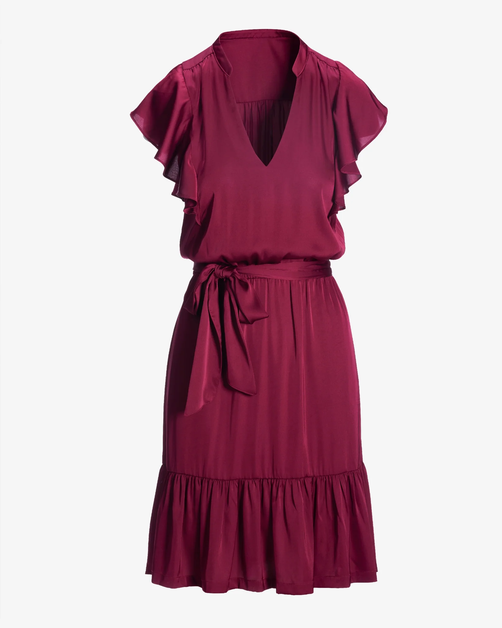 Tie Waist Ruffle Detail Charmeuse Dress Cabernet