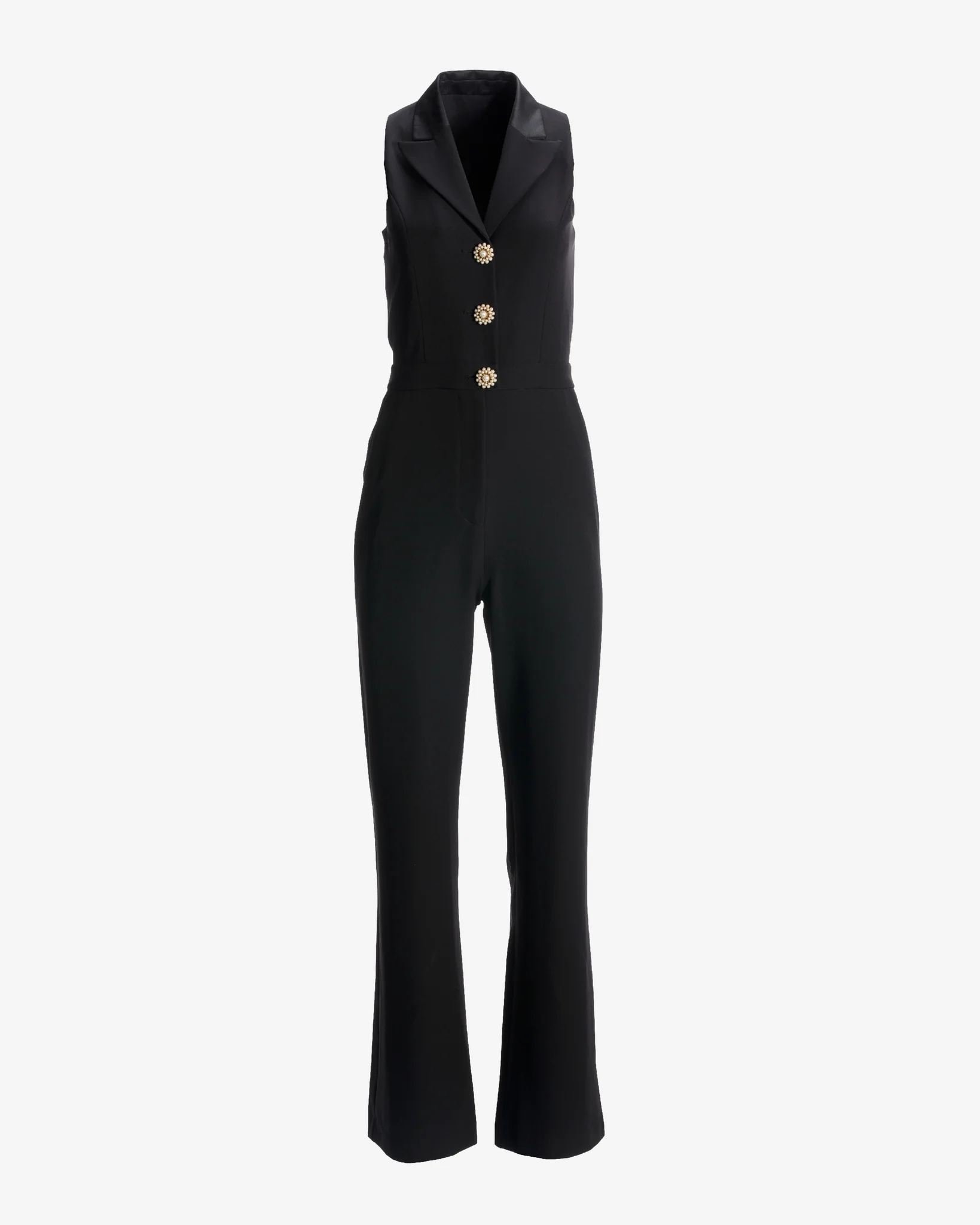 Tuxedo Style Crystal Button Stretch Crepe Jumpsuit Black
