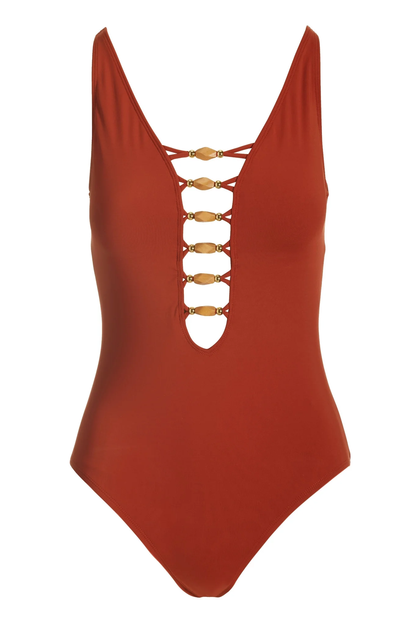 Wooden Beaded Plunge One Piece Swimsuit Sienna