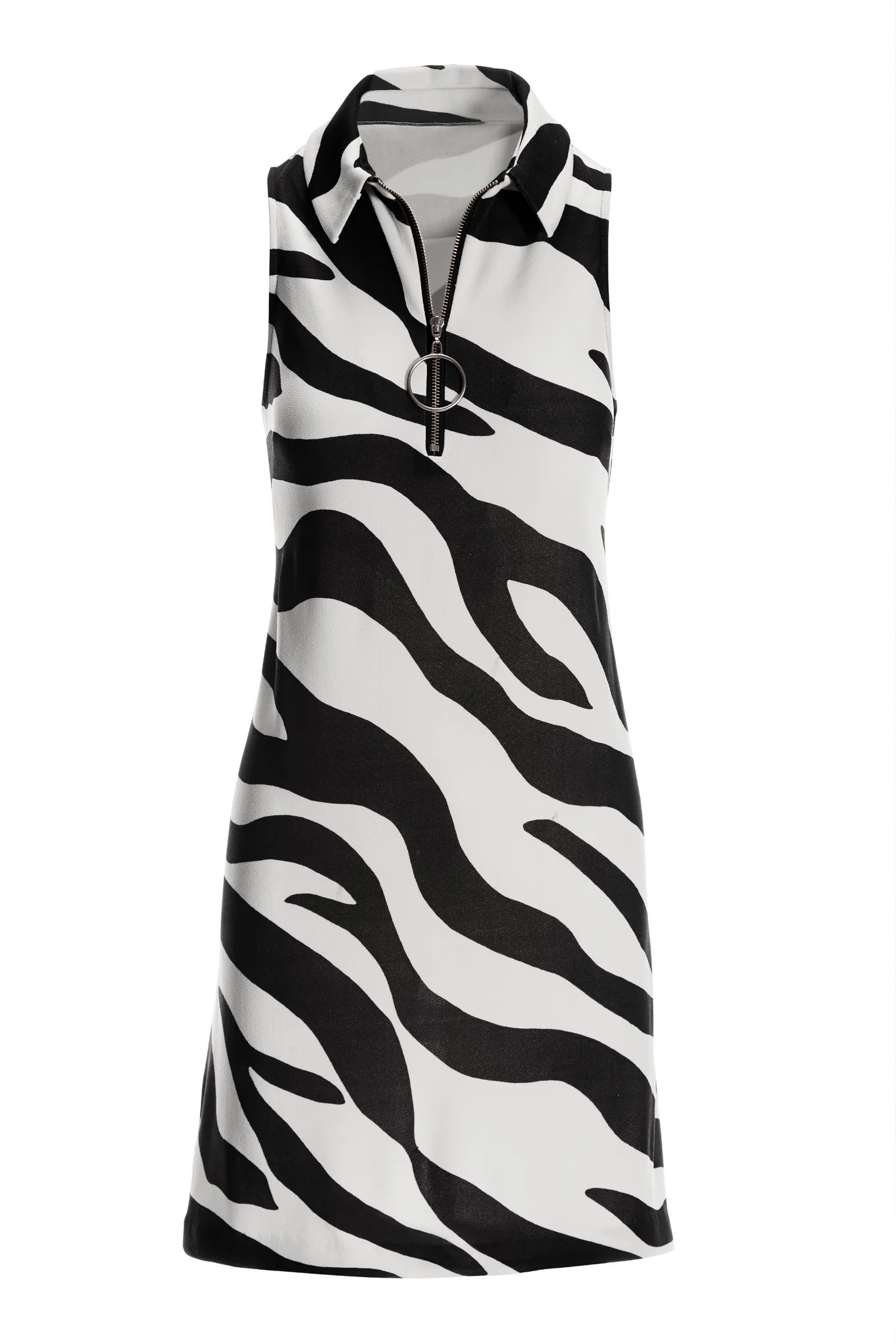 Zebra Print Collared Zip Dress 2BA41 Black/White