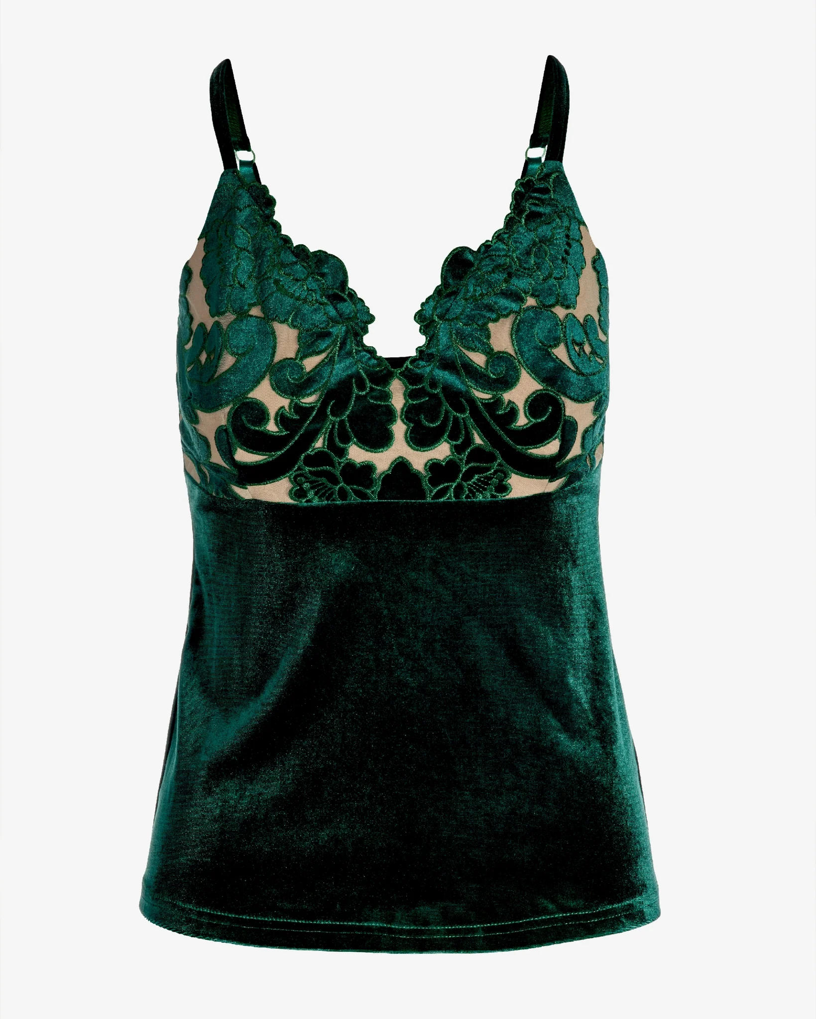 Velvet Scalloped Lace V Neck Cami Top Deep Emerald