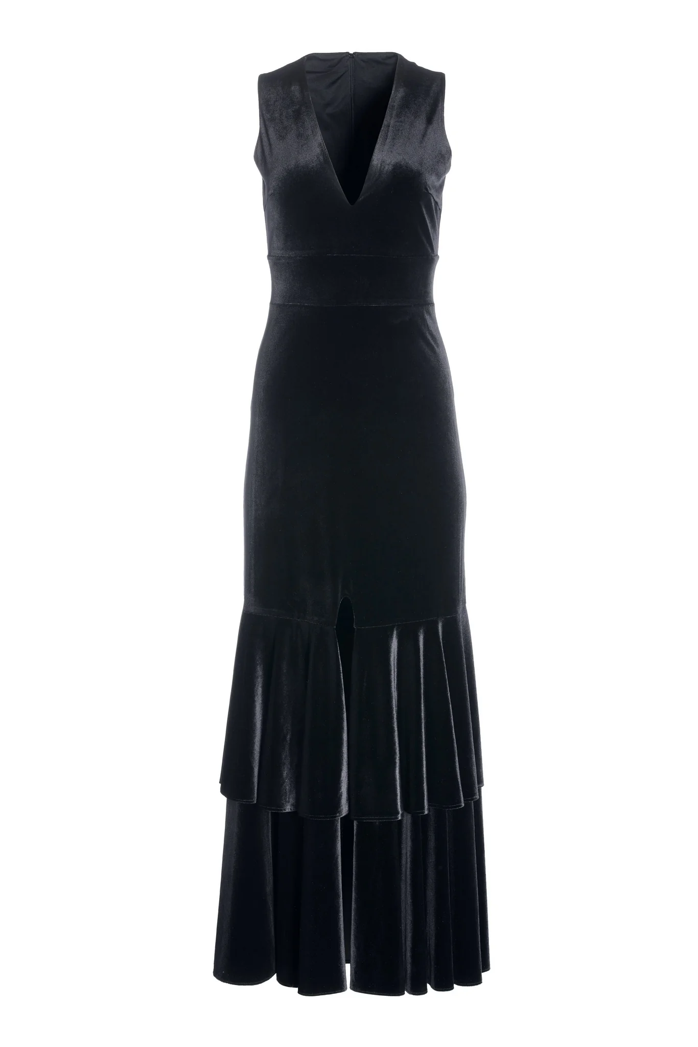Velvet V Neck Ruffle Hem Gown Black