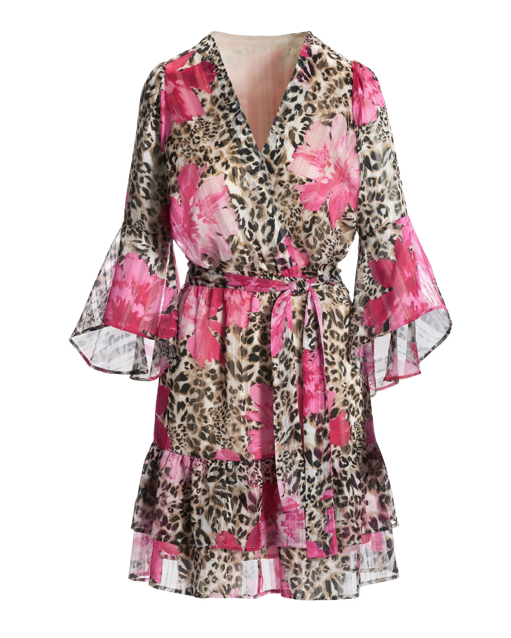 Cheetah Blooms Shimmer Bell Sleeve A Line Dress Neutral/Pink