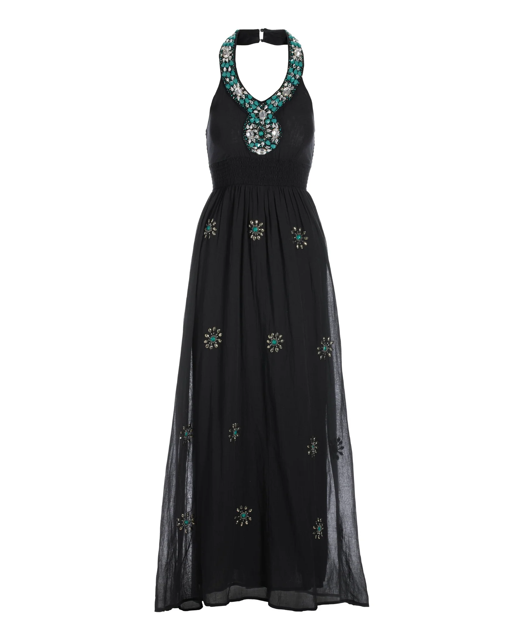 Turquoise Embellished Halter Maxi Dress Black