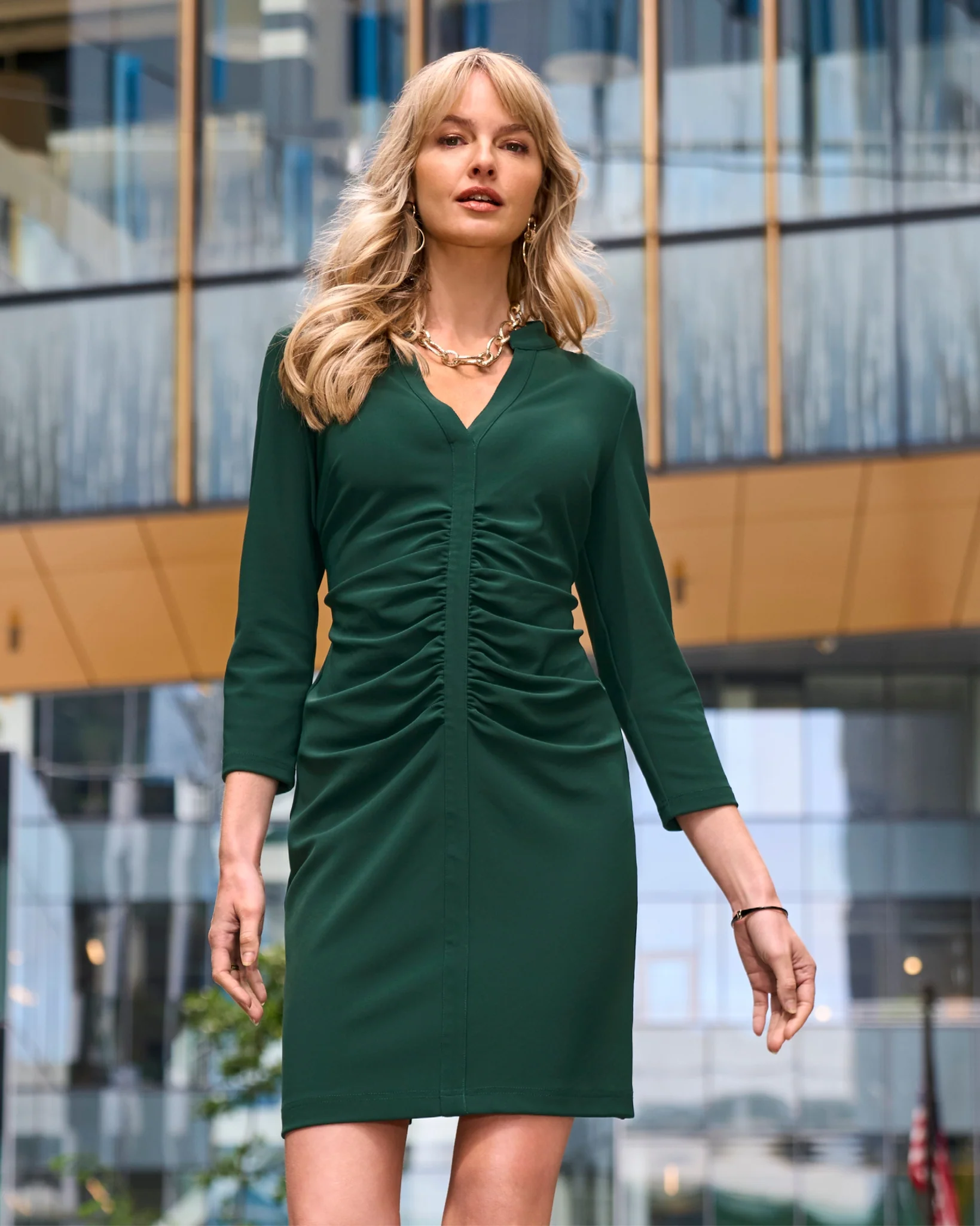 Beyond Travel Long Sleeve Ruched Short Dress Pine Grove