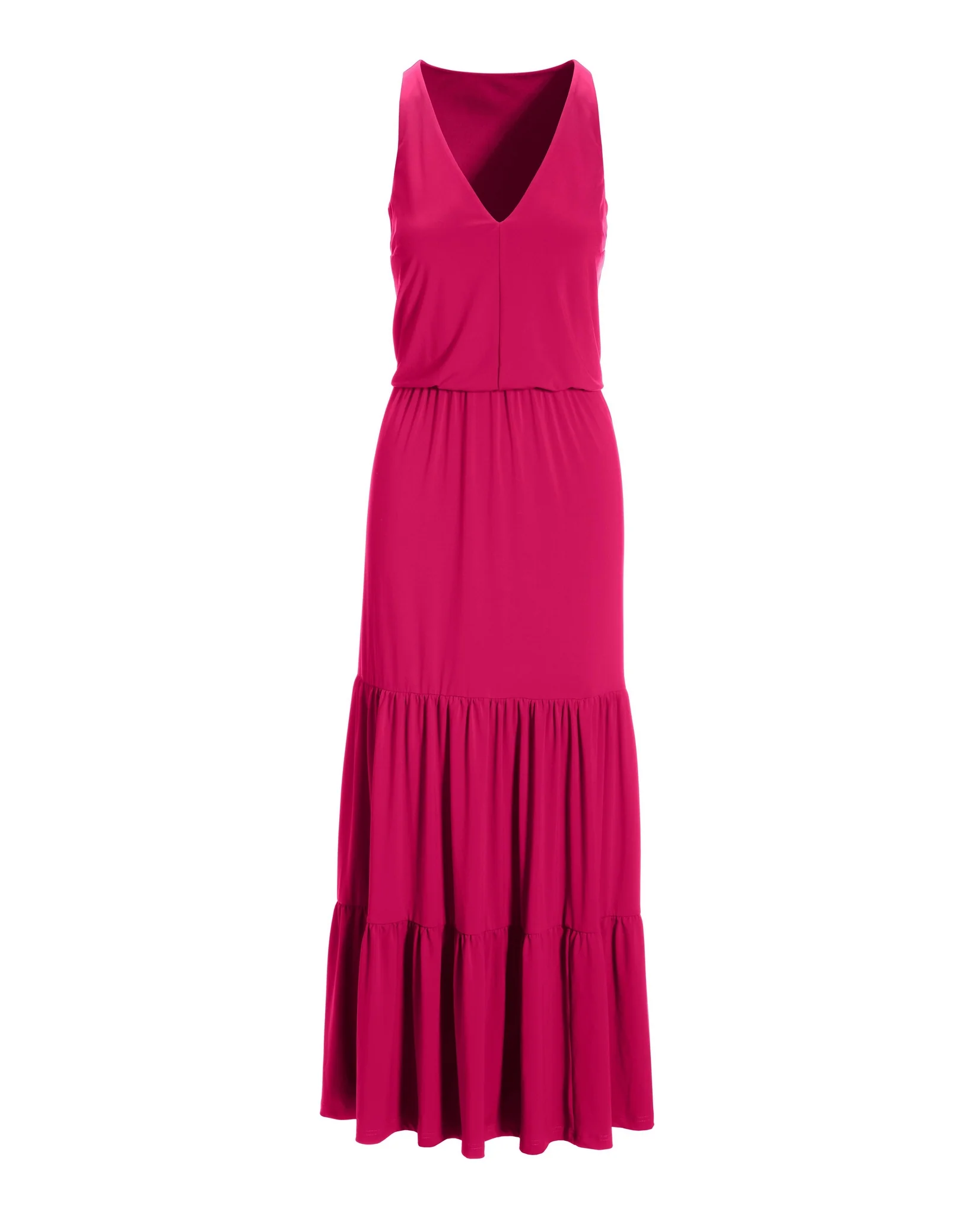 V Neck Blouson Tiered Knit Maxi Dress Raspberry