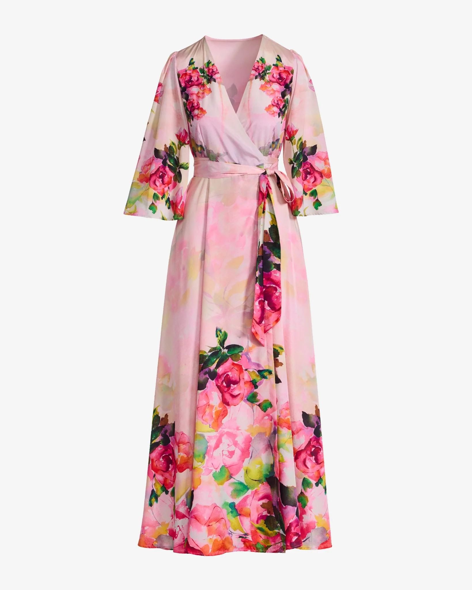 Watercolor Floral Print Wrap Maxi Dress Pink Multi