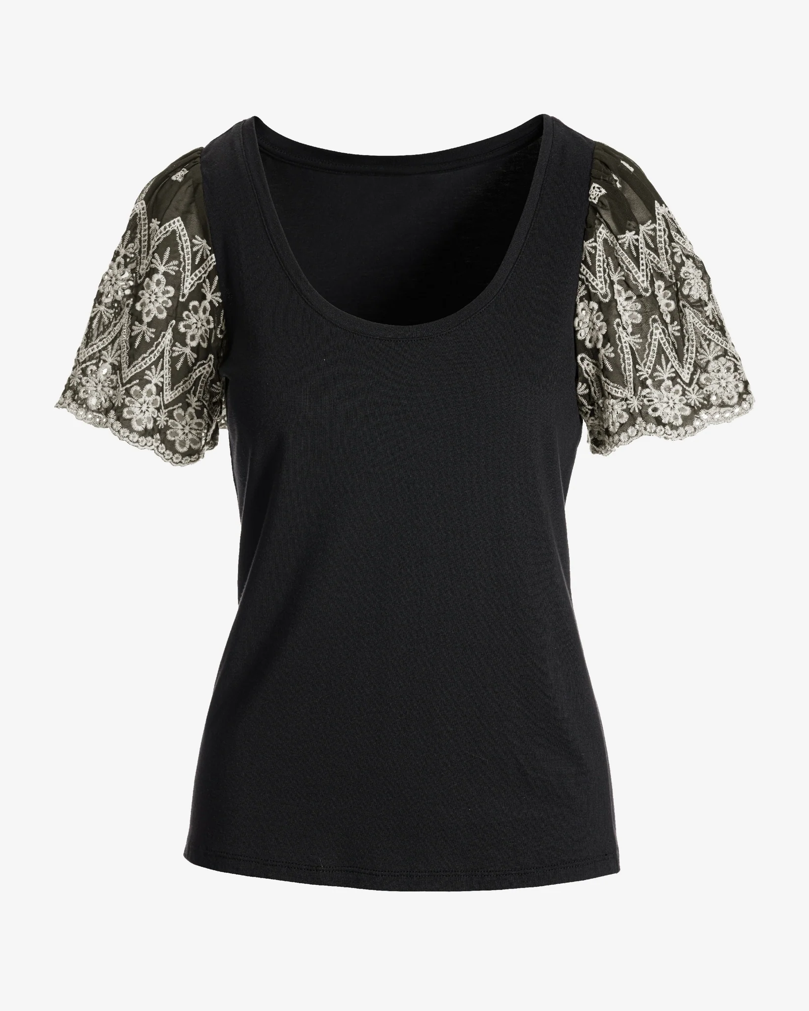 Two Tone Eyelet Sleeve Tee Black