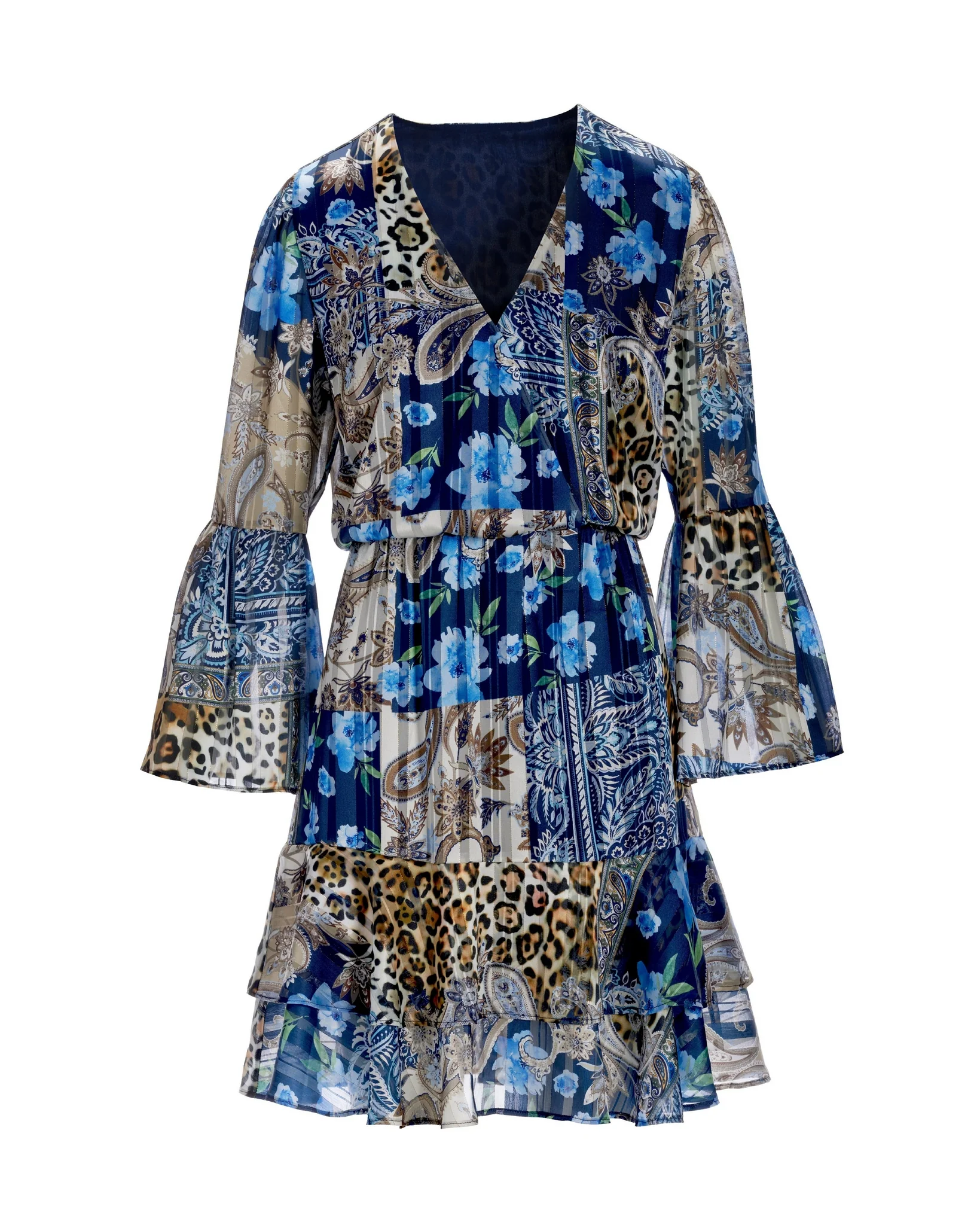 Wild Patchwork Print Flare Sleeve Peasant Dress Blue
