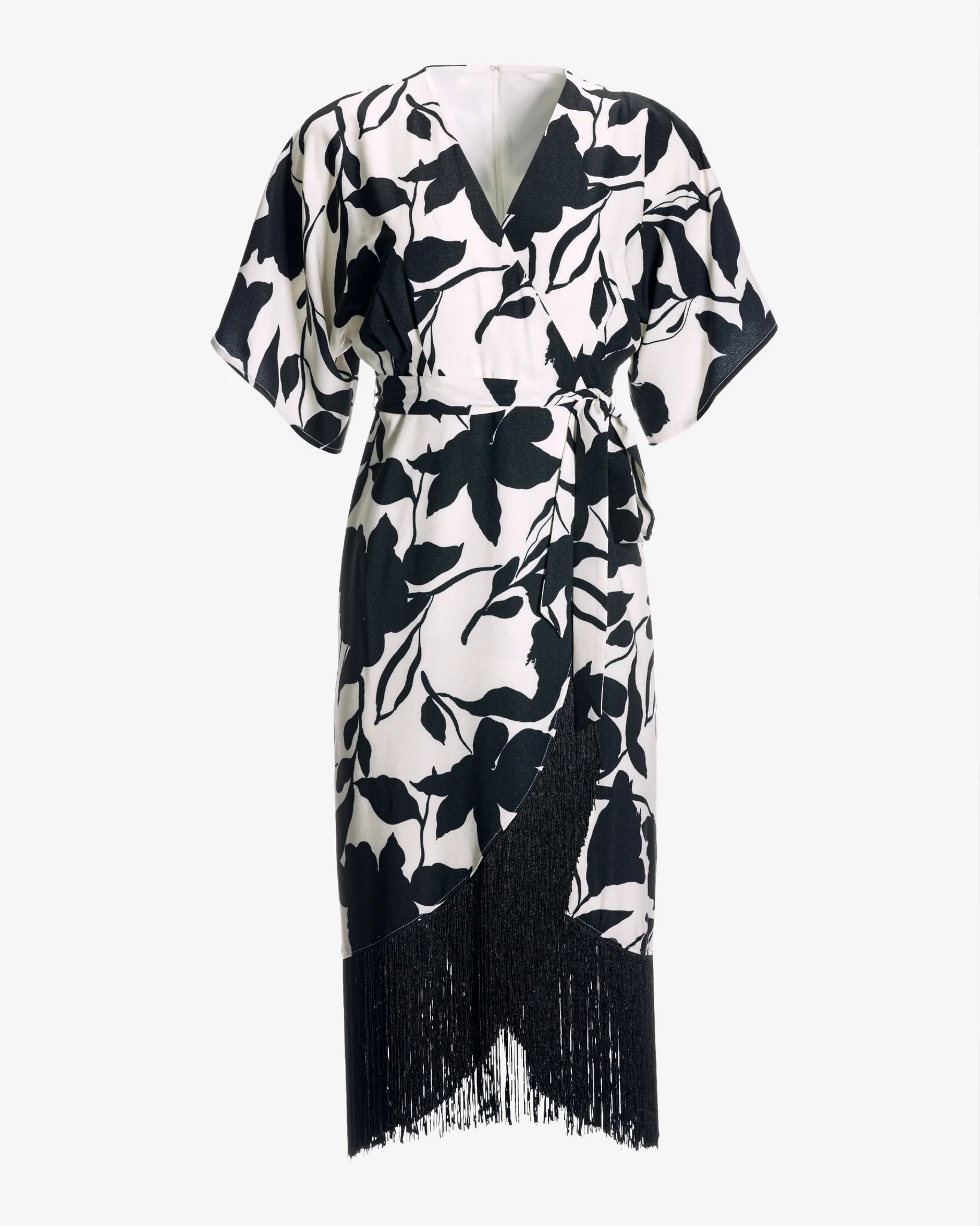 Cade Garden Fringe Wrap Knit Midi Dress Black/White