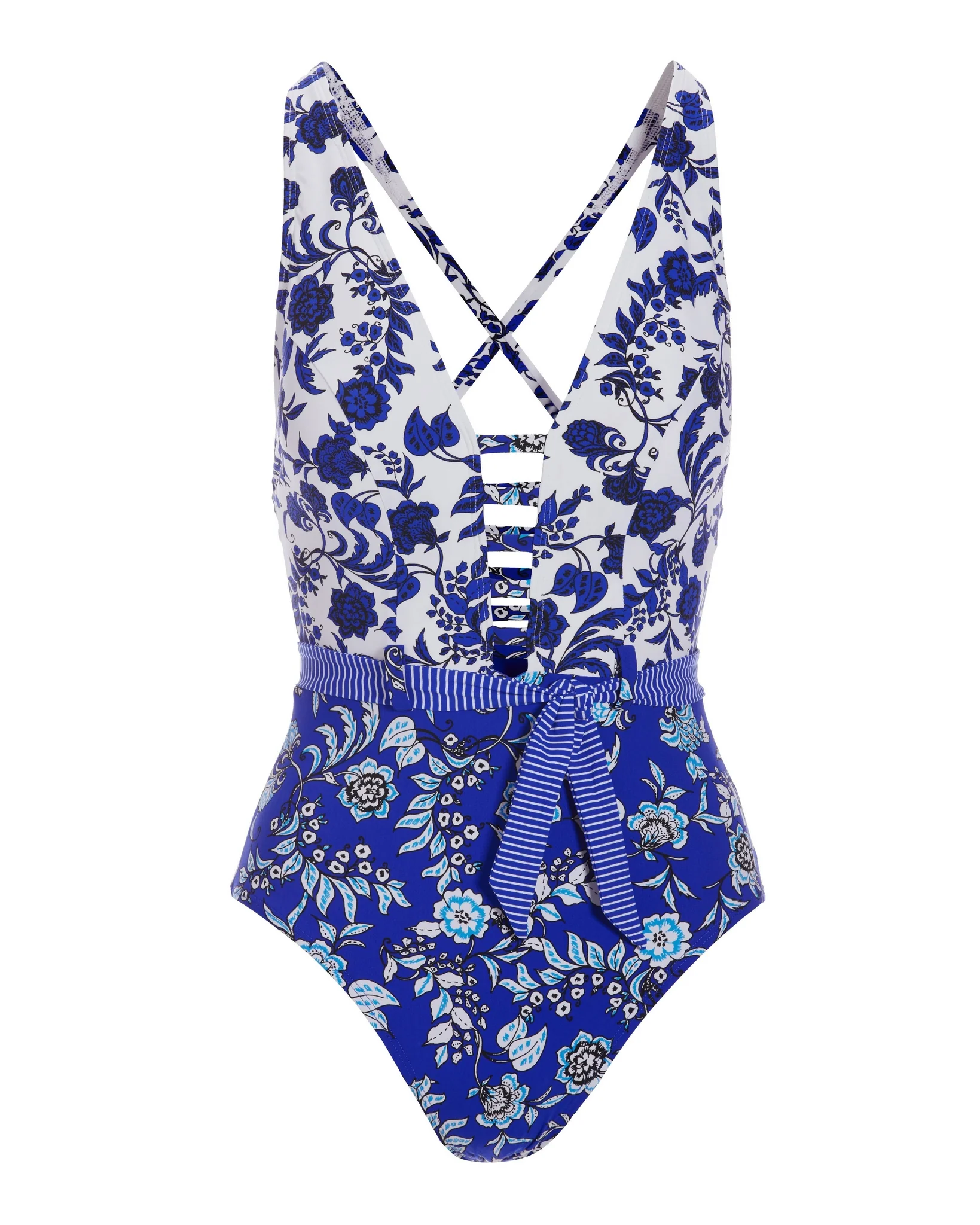 Blue Rosa Ladder Plunge One-Piece Swimsuit Blue/White