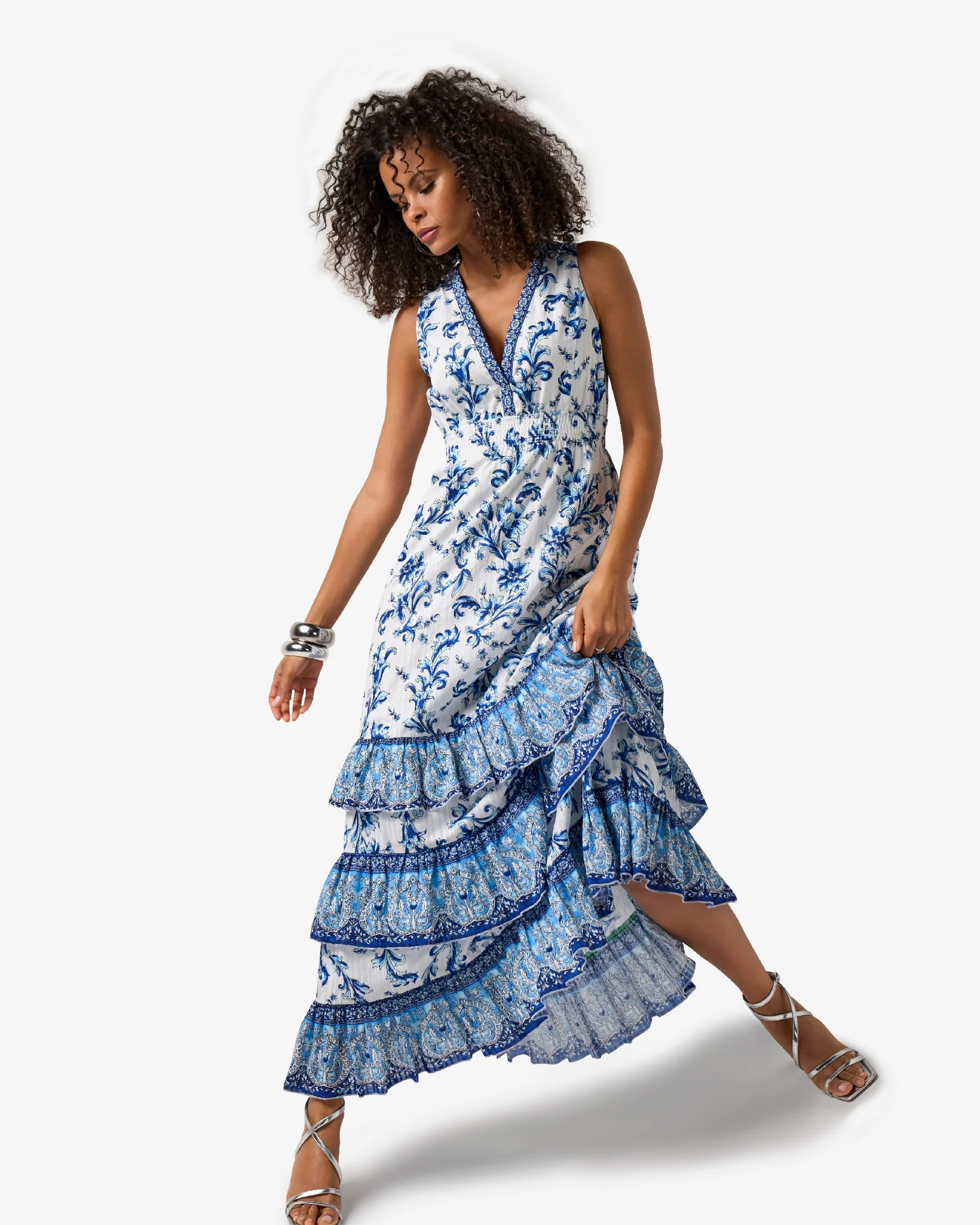 Antique Scrolls Border Print Tiered Maxi Dress Antique Scrolls