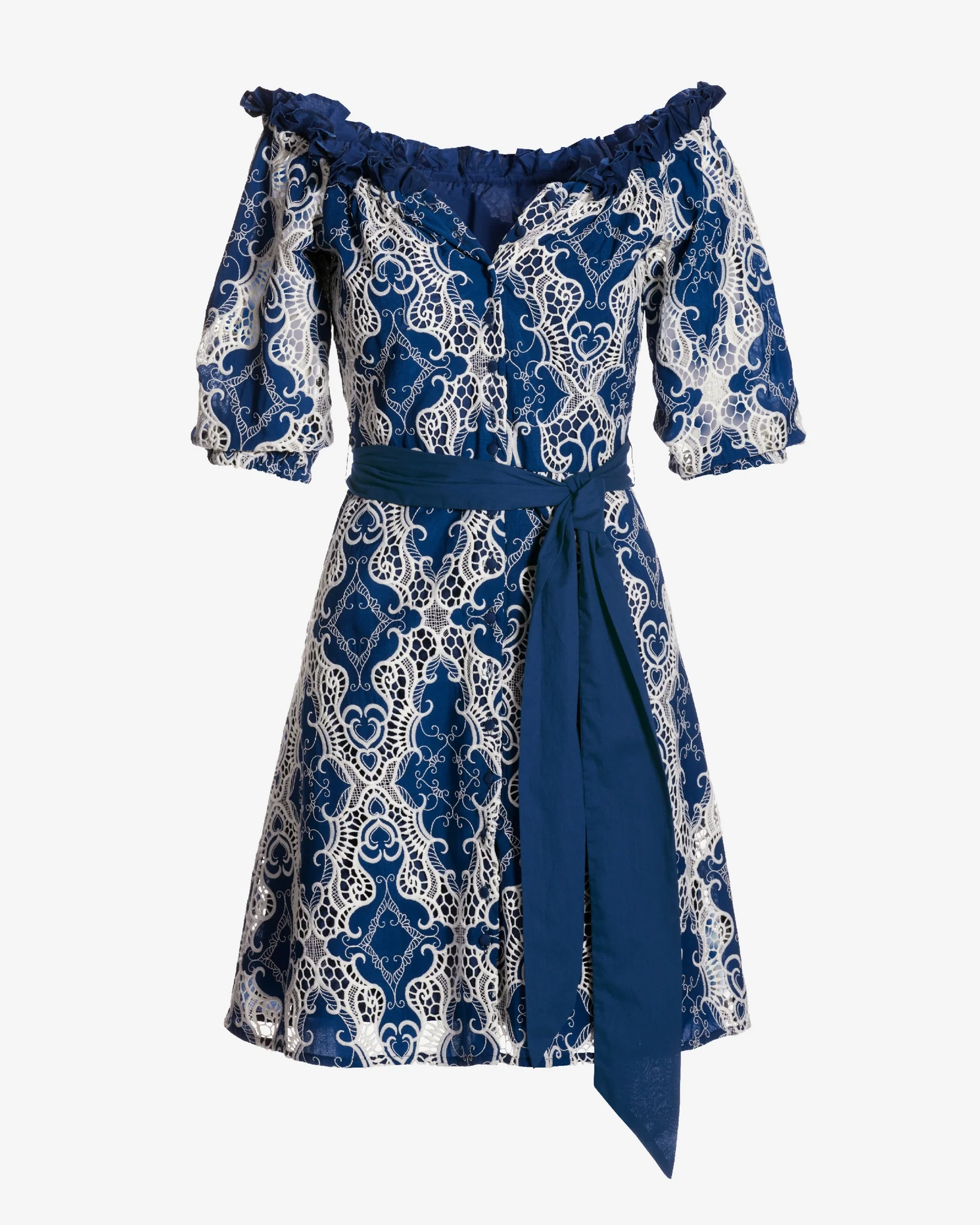 Two Tone Eyelet A Line Dress Navy/White