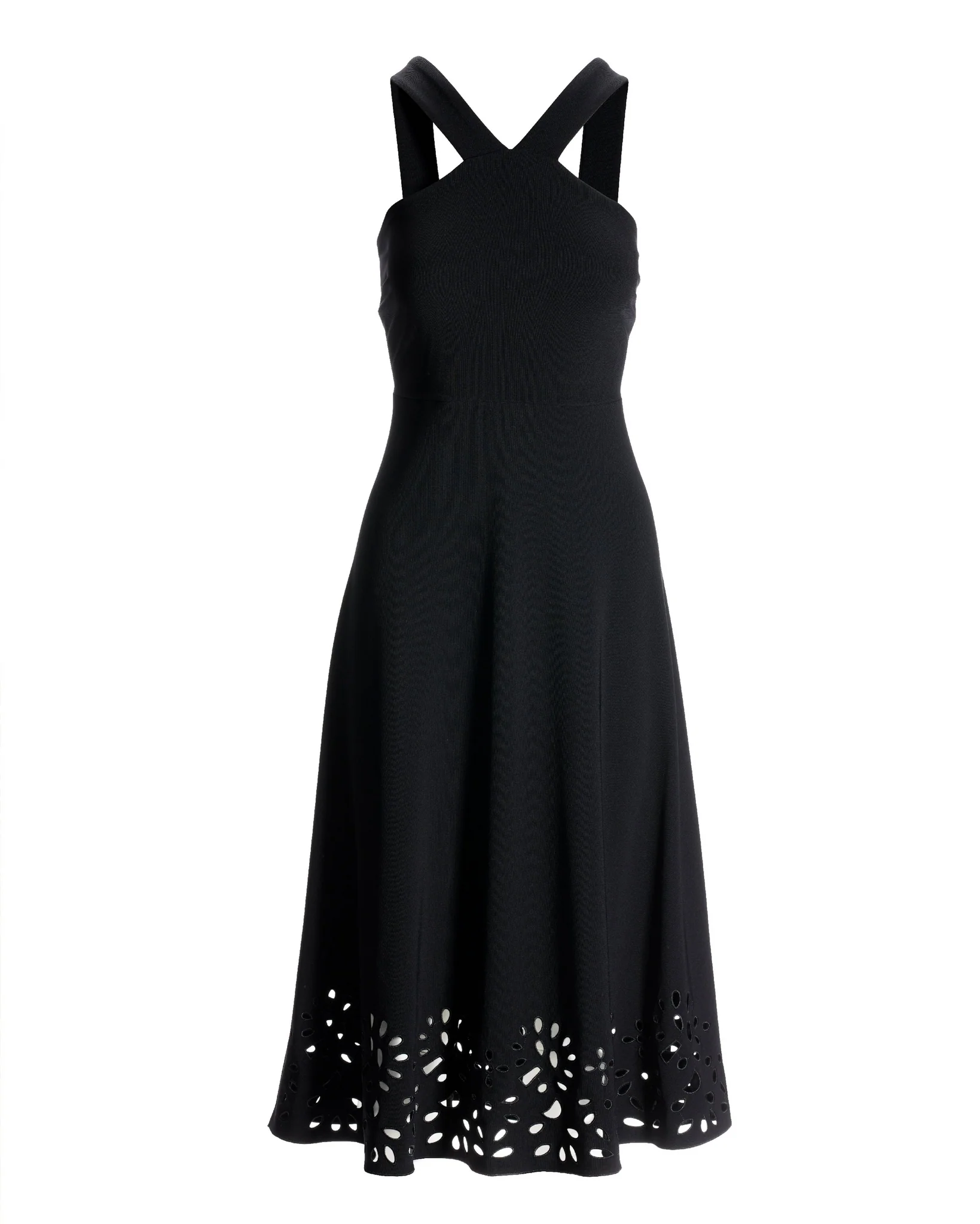 Beyond Travel High Neck Laser Cut Midi Dress Jet Black