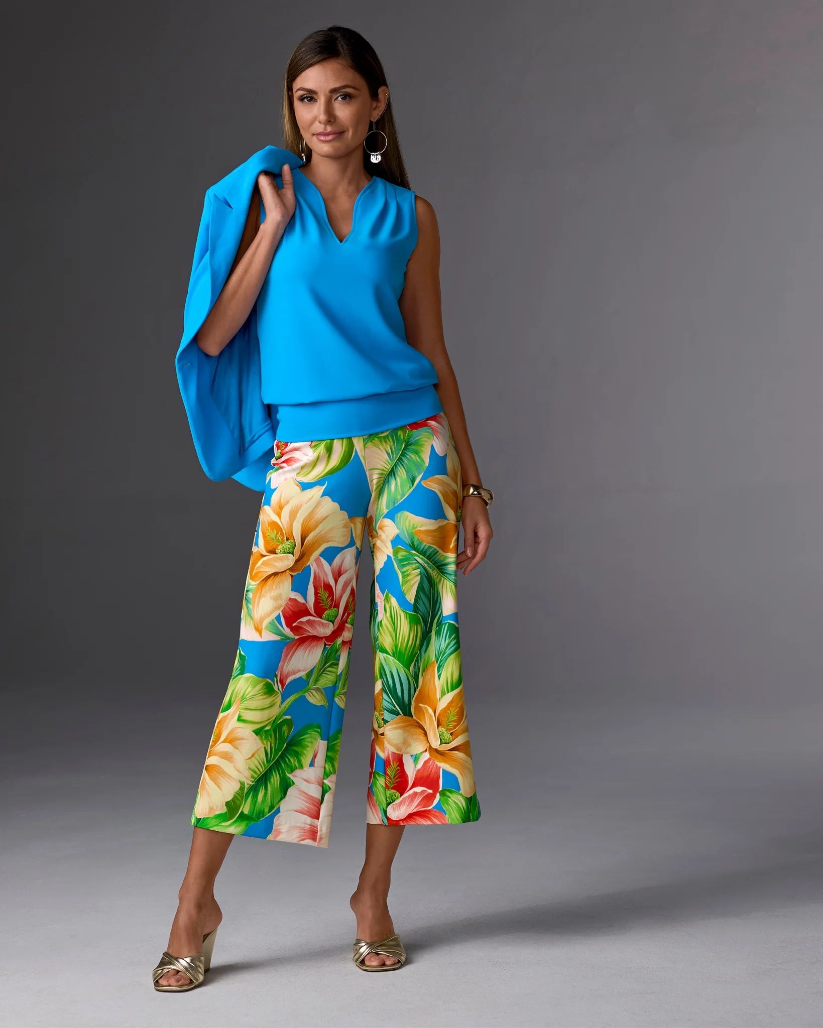 Beyond Travel Wide Leg Crop Print Pant Blue Multi