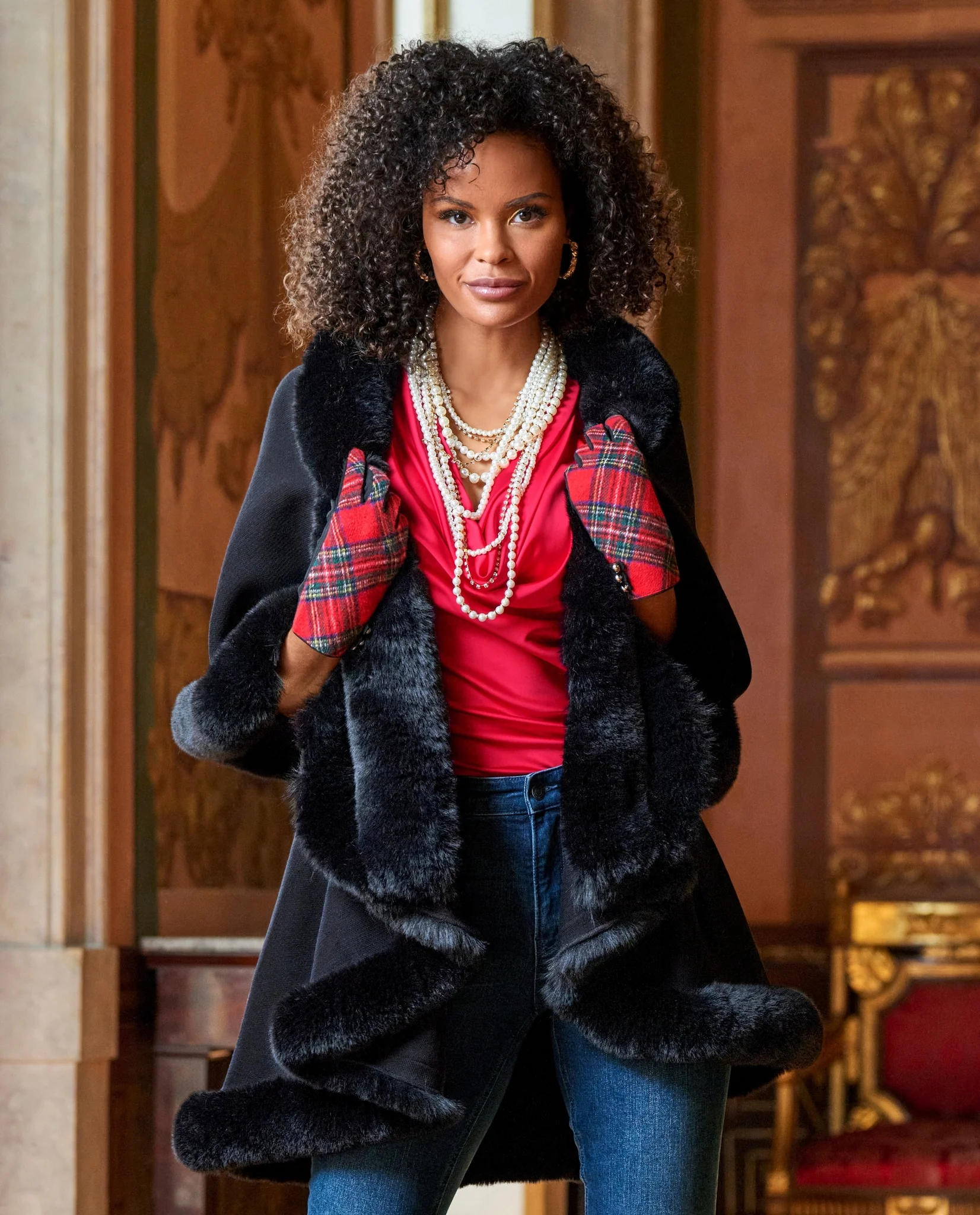 Tiered Faux Fur Trim Poncho Black