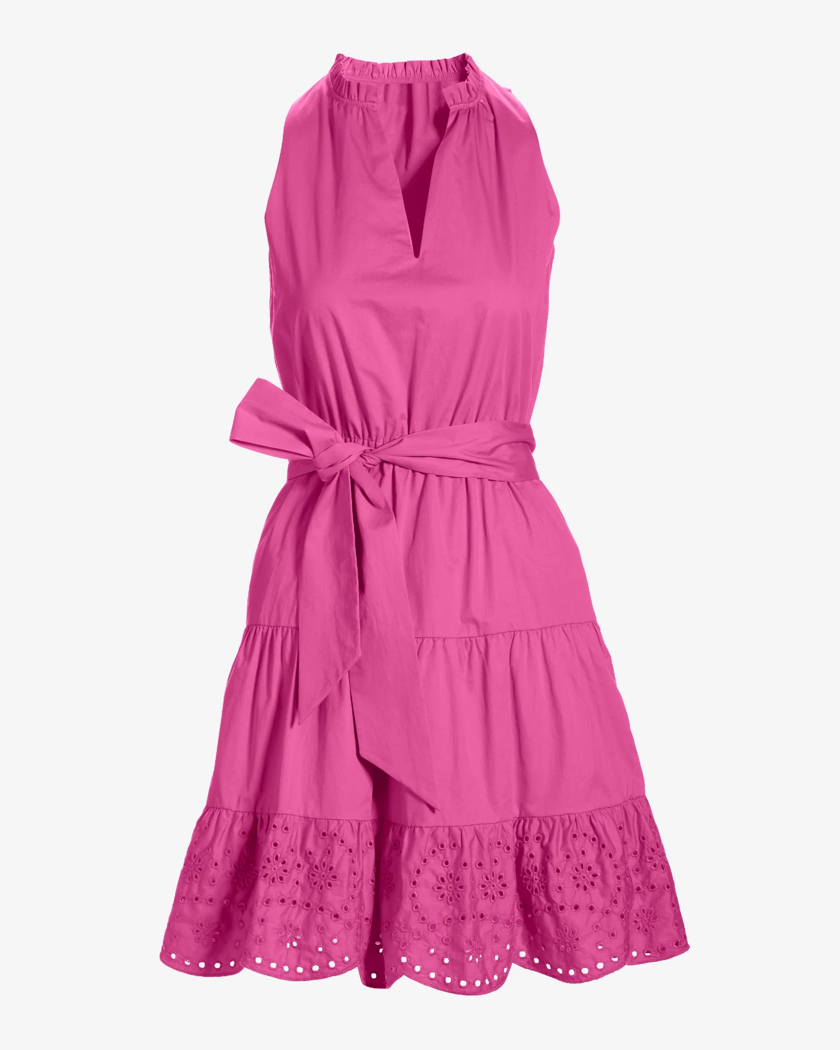 Tie Waist Tiered Fit And Flare Poplin Dress Shocking Pink