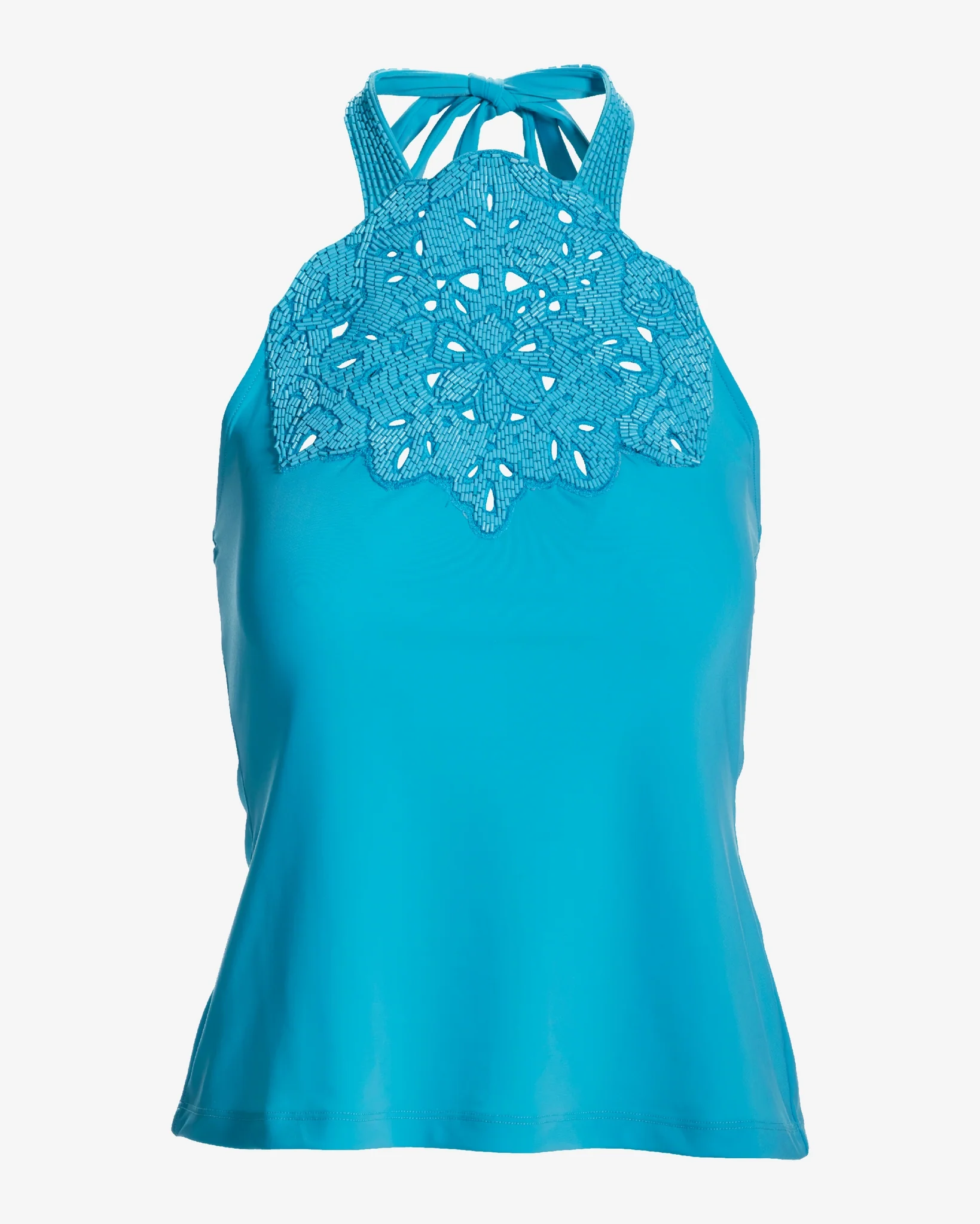 Beaded Halter Knit Top Blue Atoll