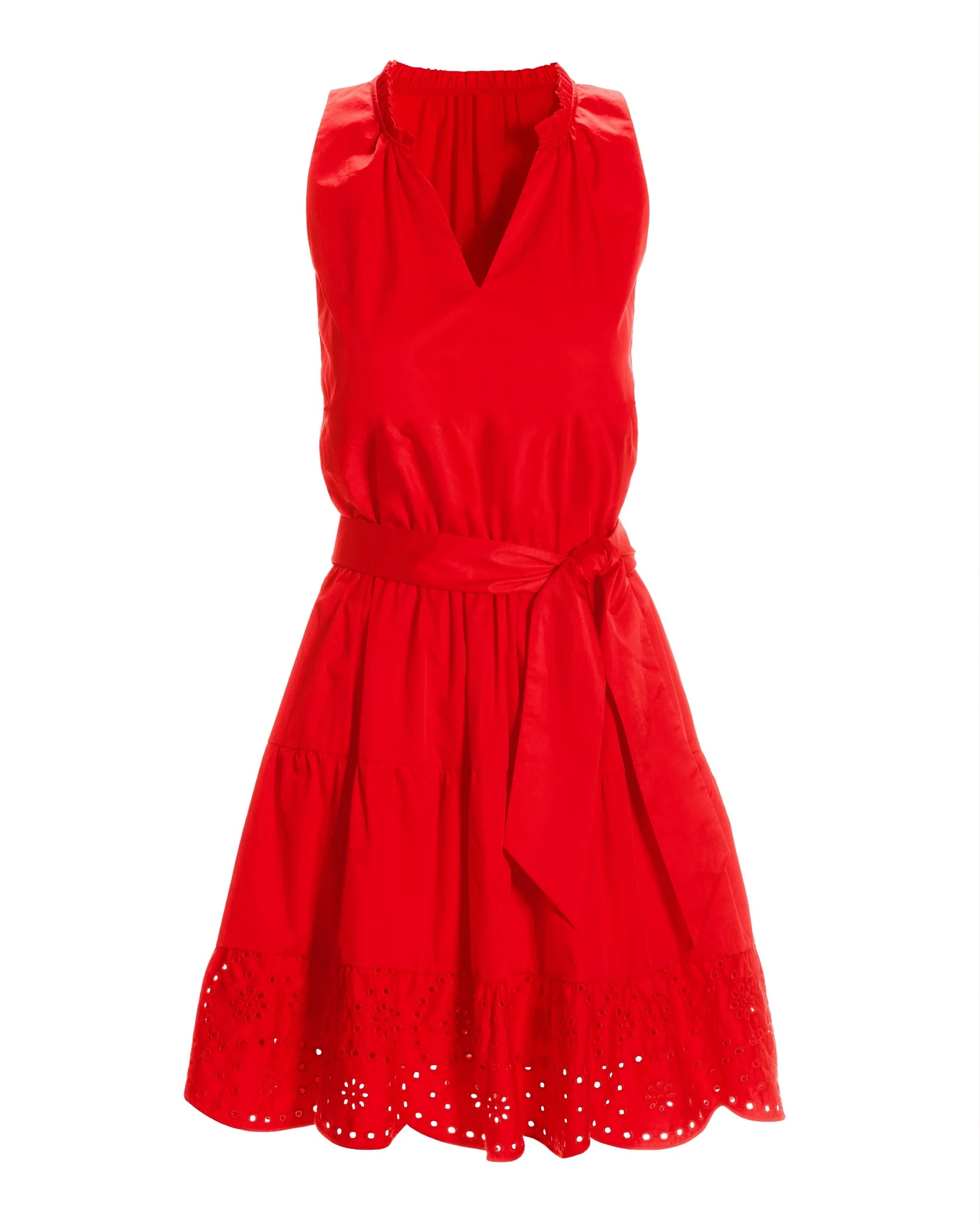 Tie Waist Tiered Fit And Flare Poplin Dress Racing Red