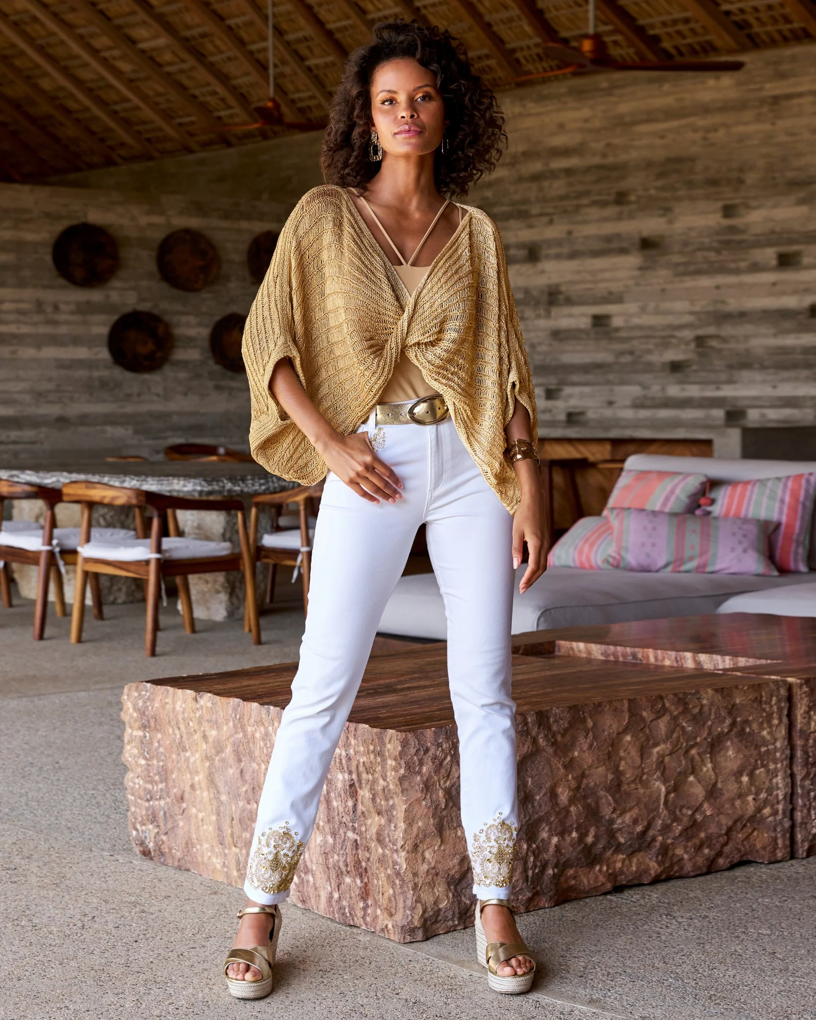 White and Gold Embellished Slim-Straight Jean White/Gold