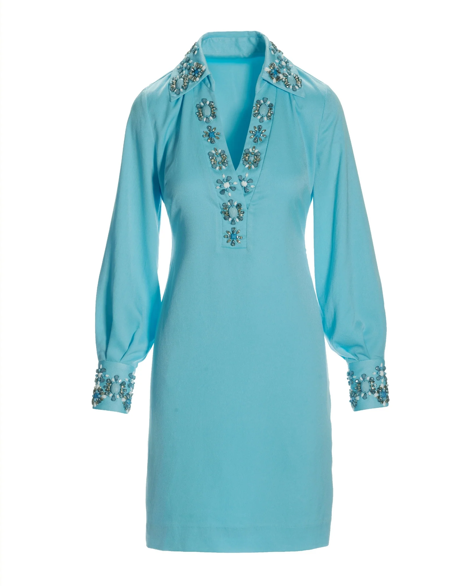 Beaded Embellished Trim Collared Tunic Dress Blue Topaz