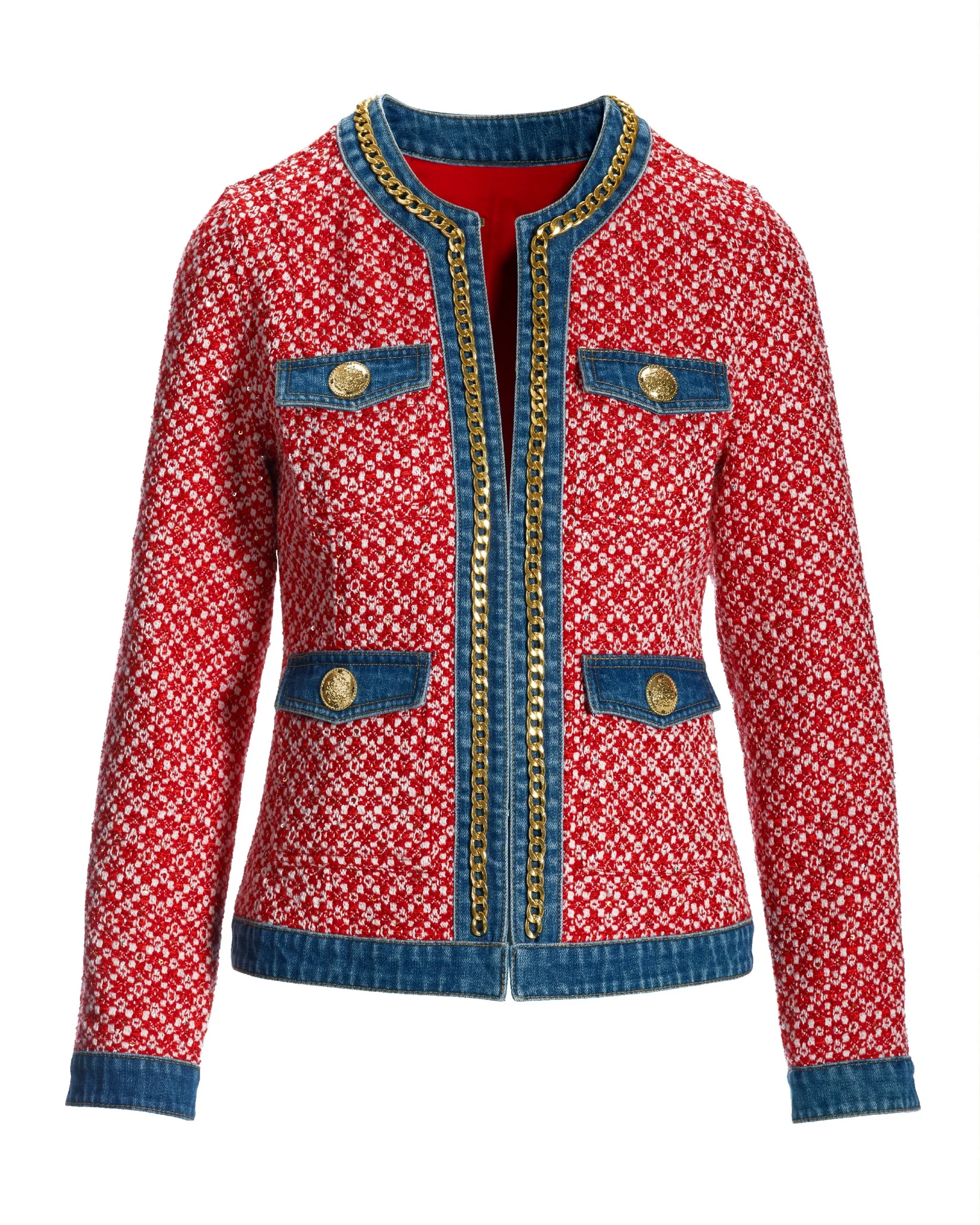 Tweed Denim and Chain Trim Jacket Red Multi