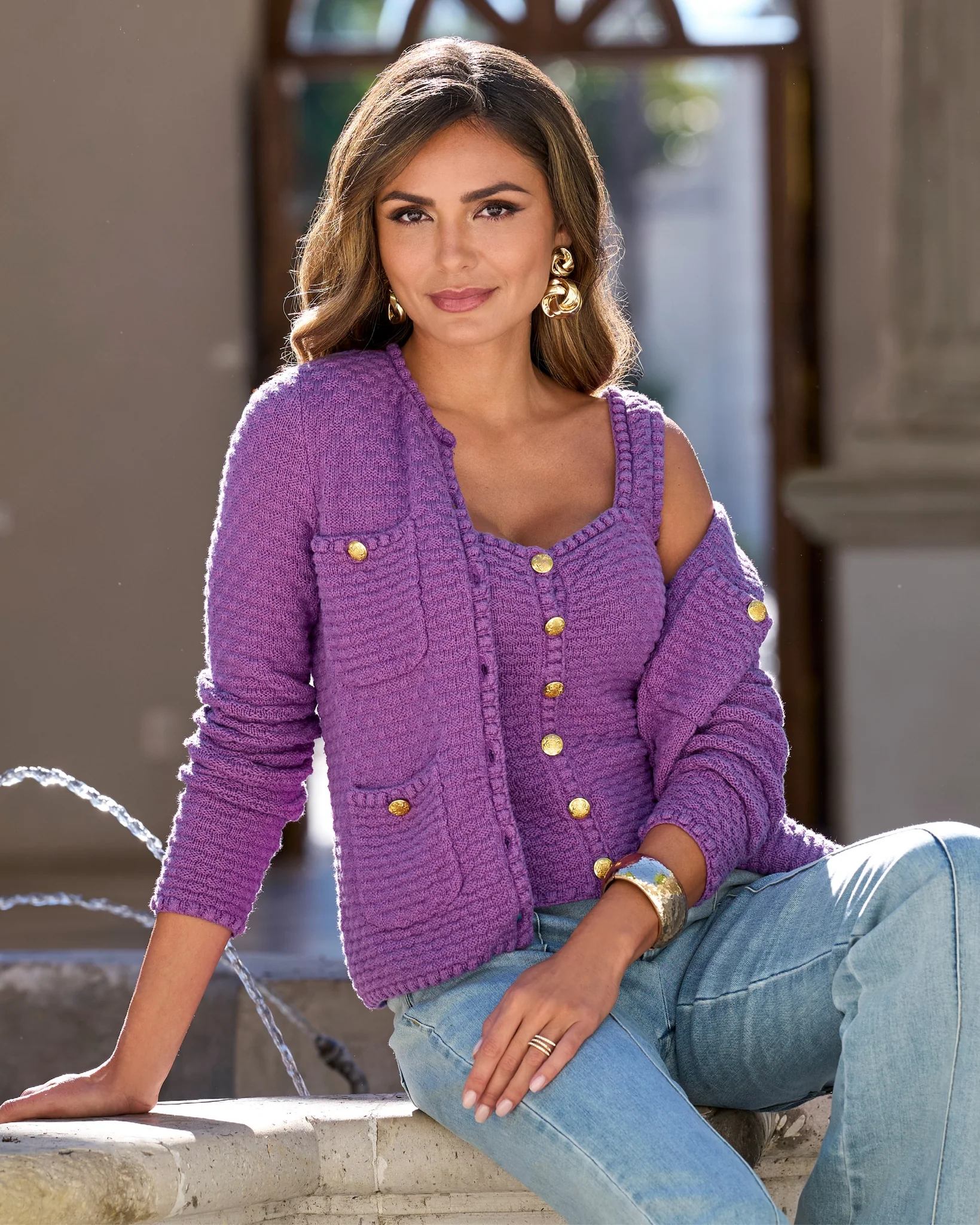 Button Detail Pocket Sweater Cardigan Amethyst Orchid