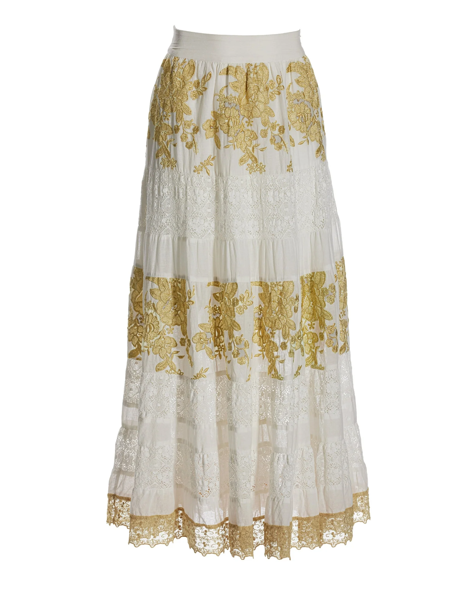 Tiered Gold Lace Maxi Skirt White/Gold