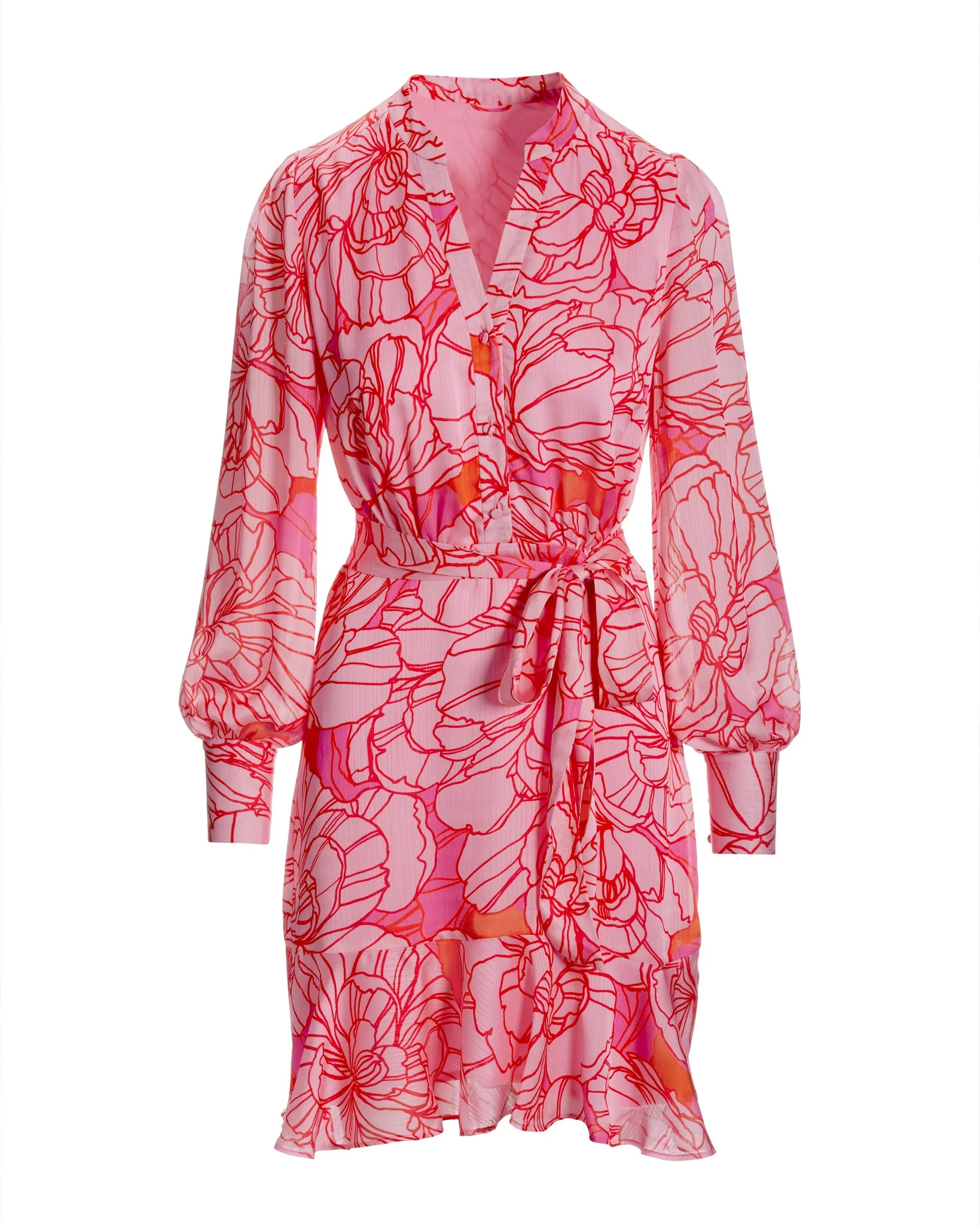 Blooming Outlines Print Button Up Ruffle Flounce Dress Pink