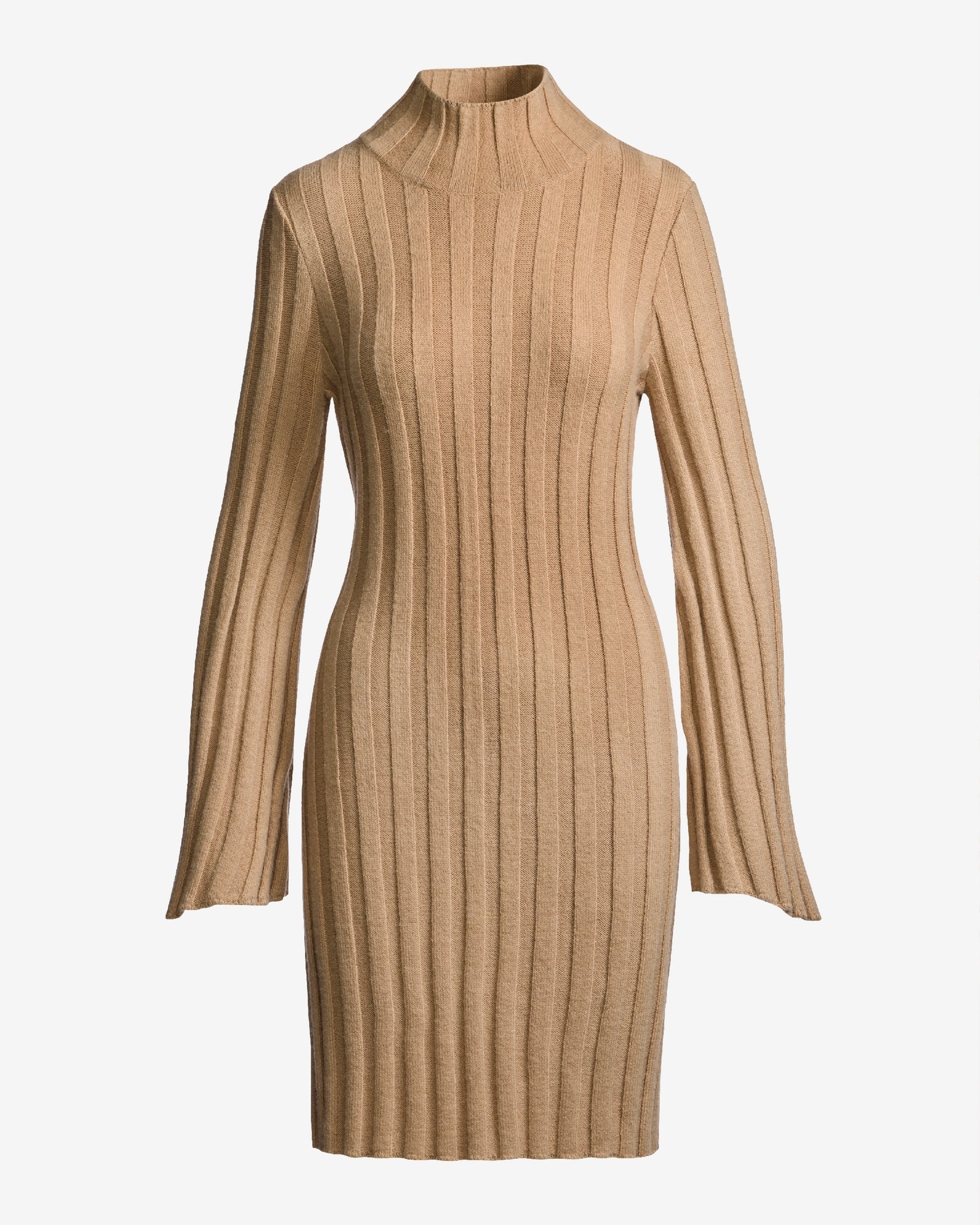 Turtleneck Bell Sleeve Wide Rib Sweater Dress Camel