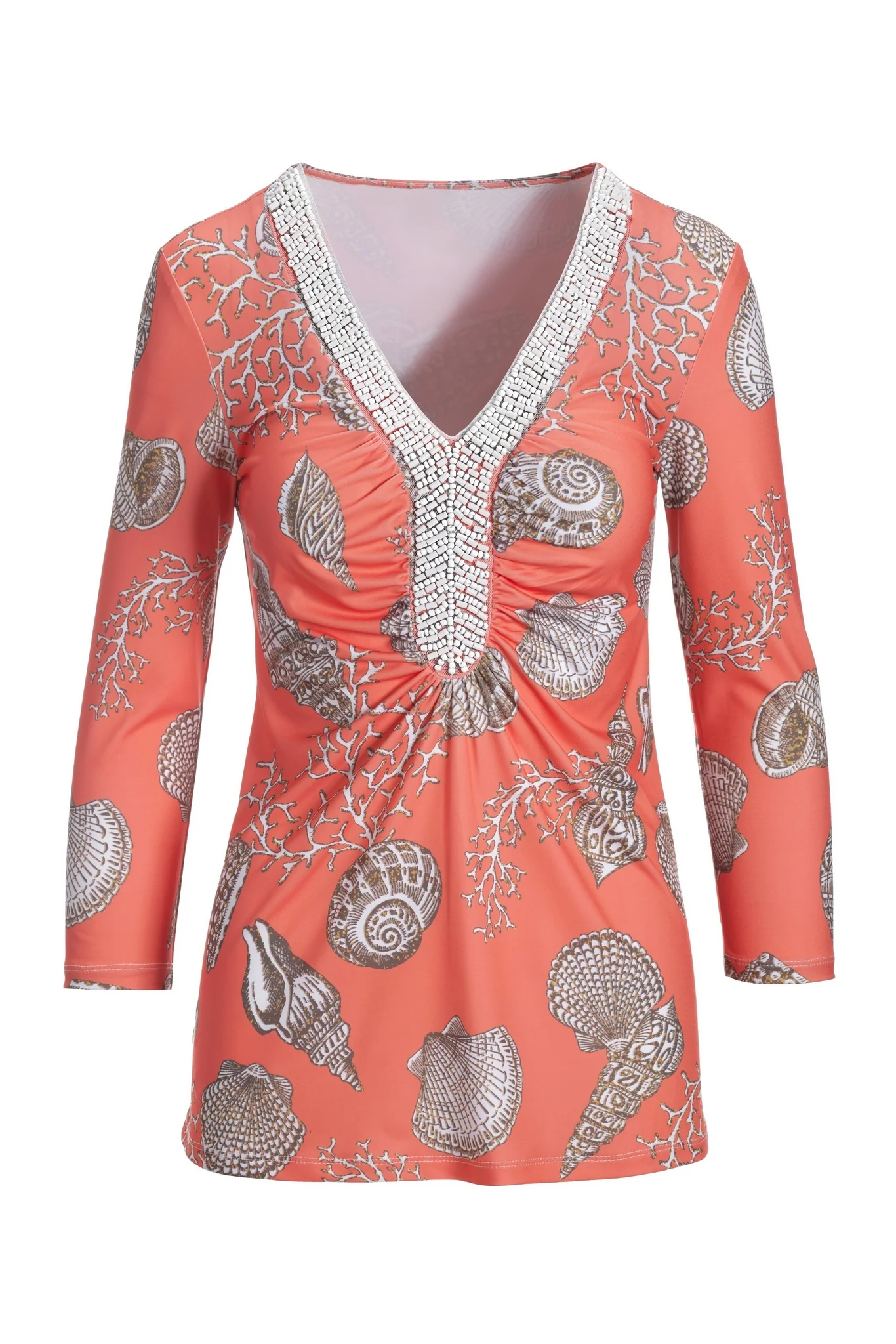 Beach Shells Embellished Knit Top Coral